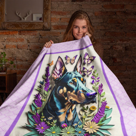 Doberman Portrait with Butterflies Velveteen Plush Blanket - Doberman Lover Throw Blanket