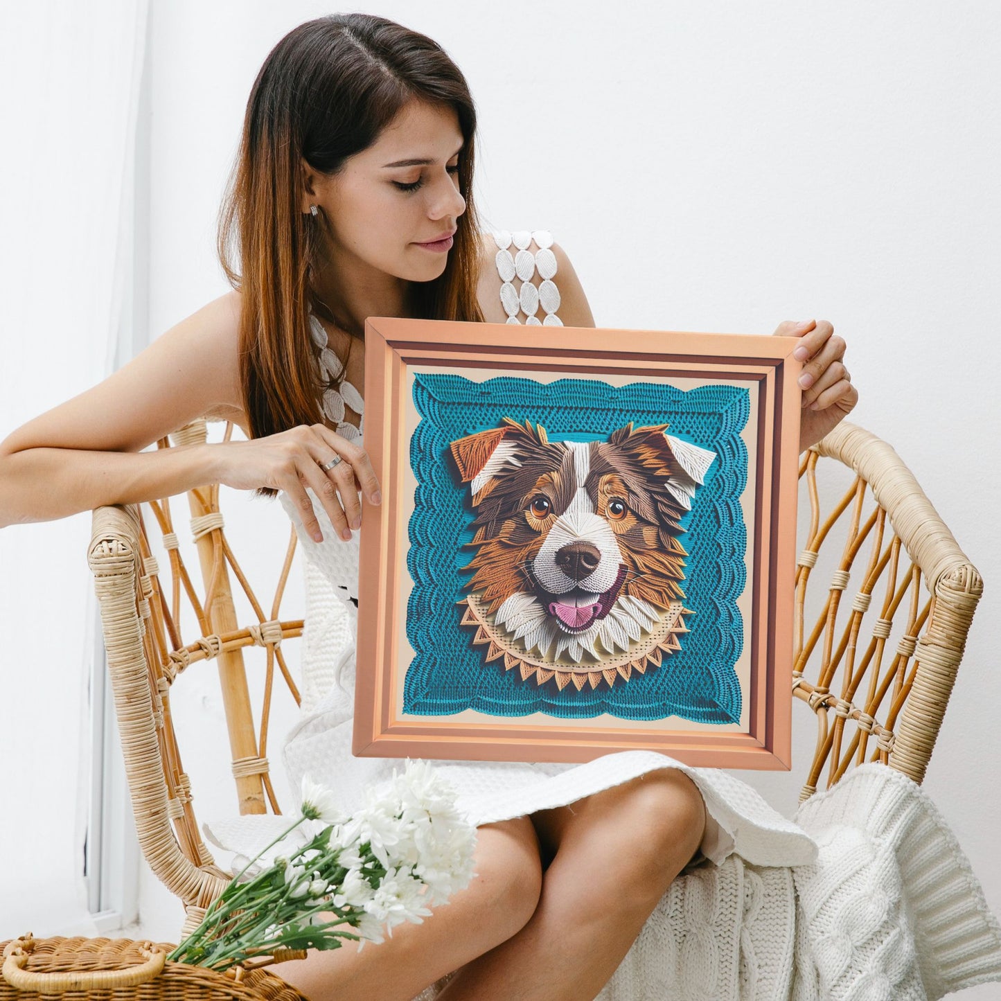 Australian Shepherd Embroidery Imitation Canvas, Aussie Lover Crafty Style Wall Art