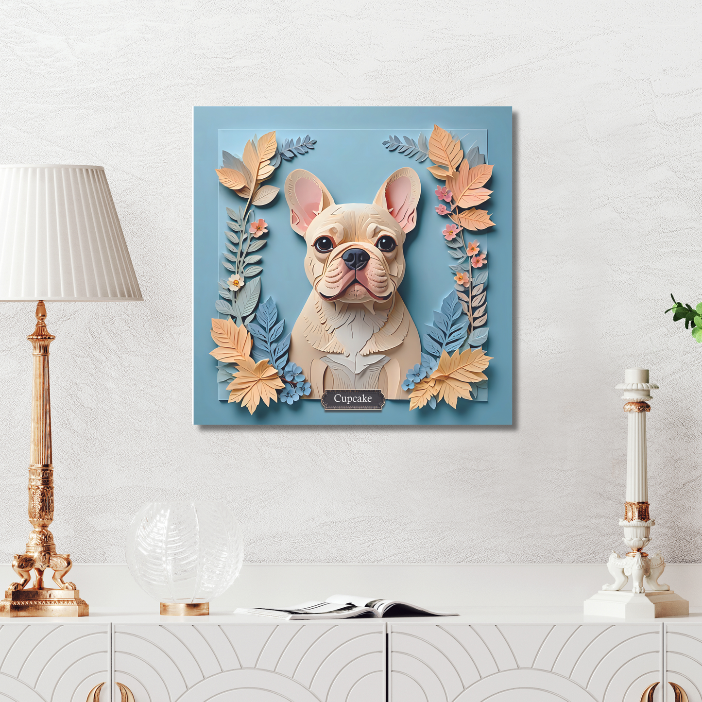 Cream French Bulldog Portrait in Blues - French Bulldog Mom or Dad Gift