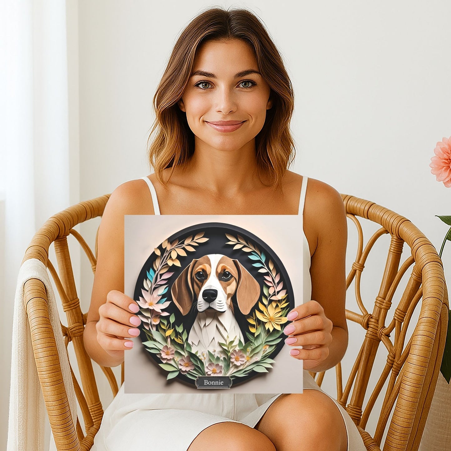 Beagle Portrait in Circular Vignette with Name Personalization, Beagle Lover Perfect Gift, Unique Beagle Mom Dad Gift, Beagle Memorial