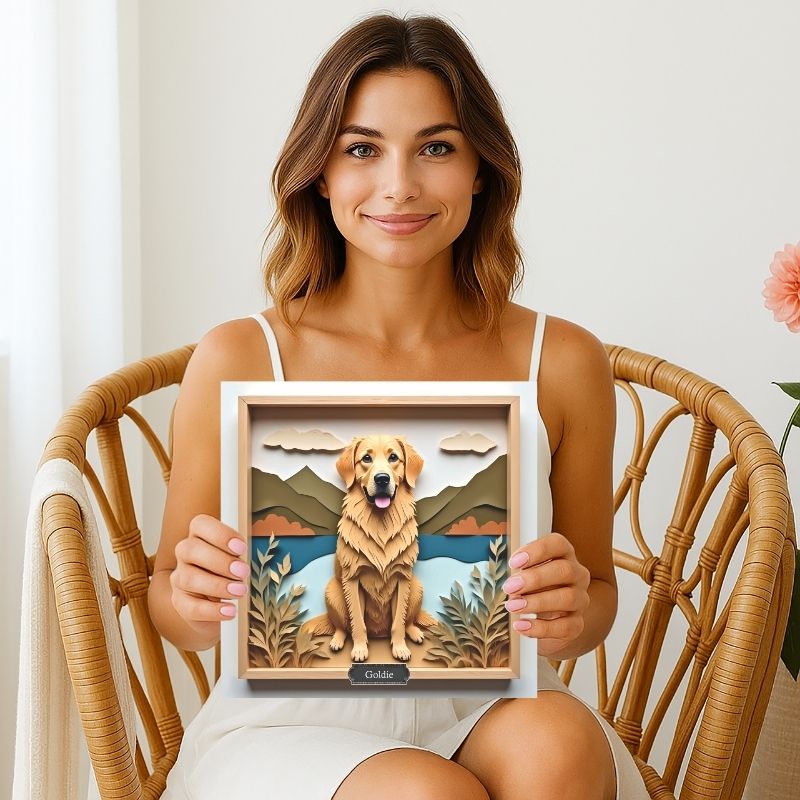 Golden Retriever Lake Wall Art with Custom Dog Name - Mountain Scene Personalized Pet Portrait