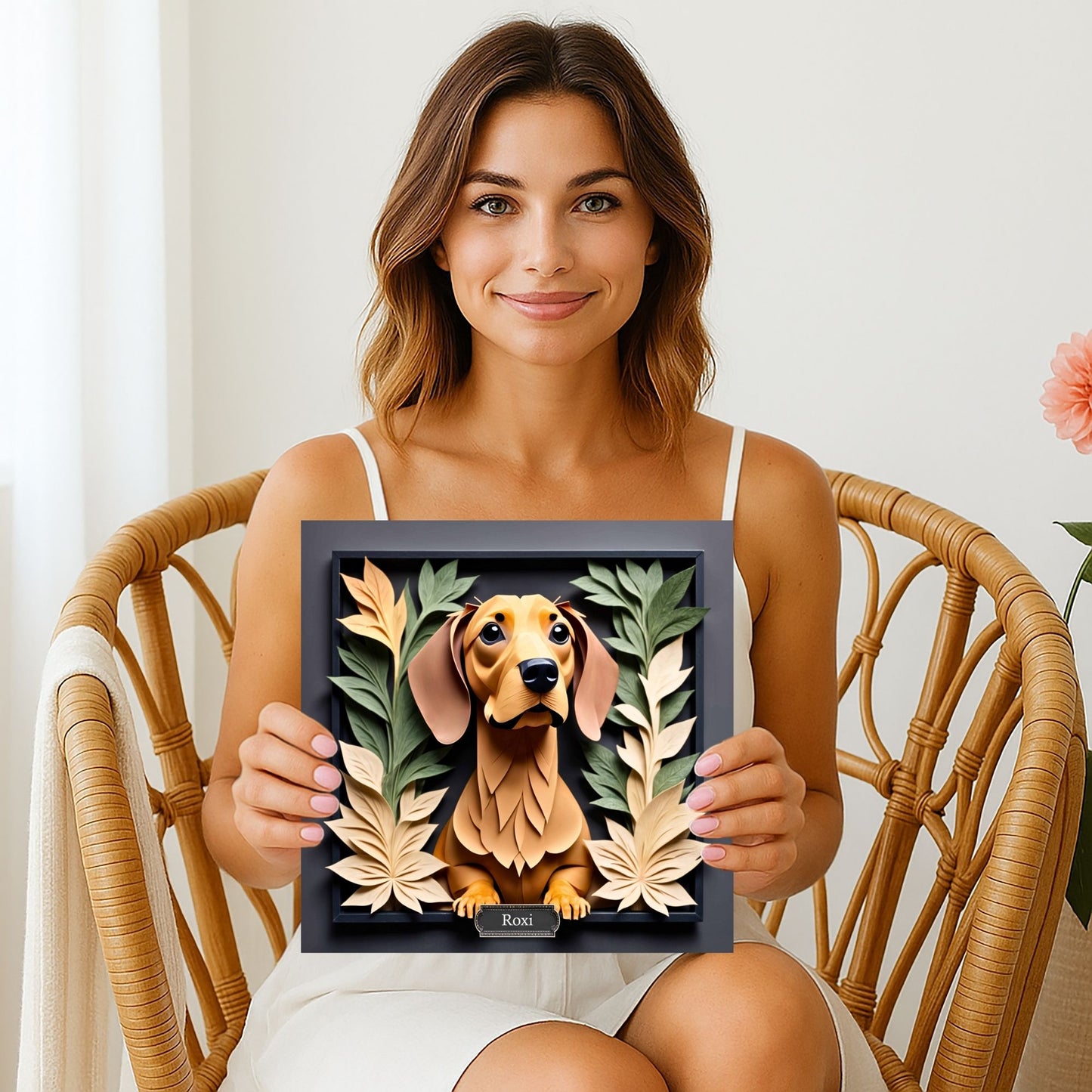 Brown Dachshund Floral Frame Wall Art -  3D Illusion Dog Portrait Canvas