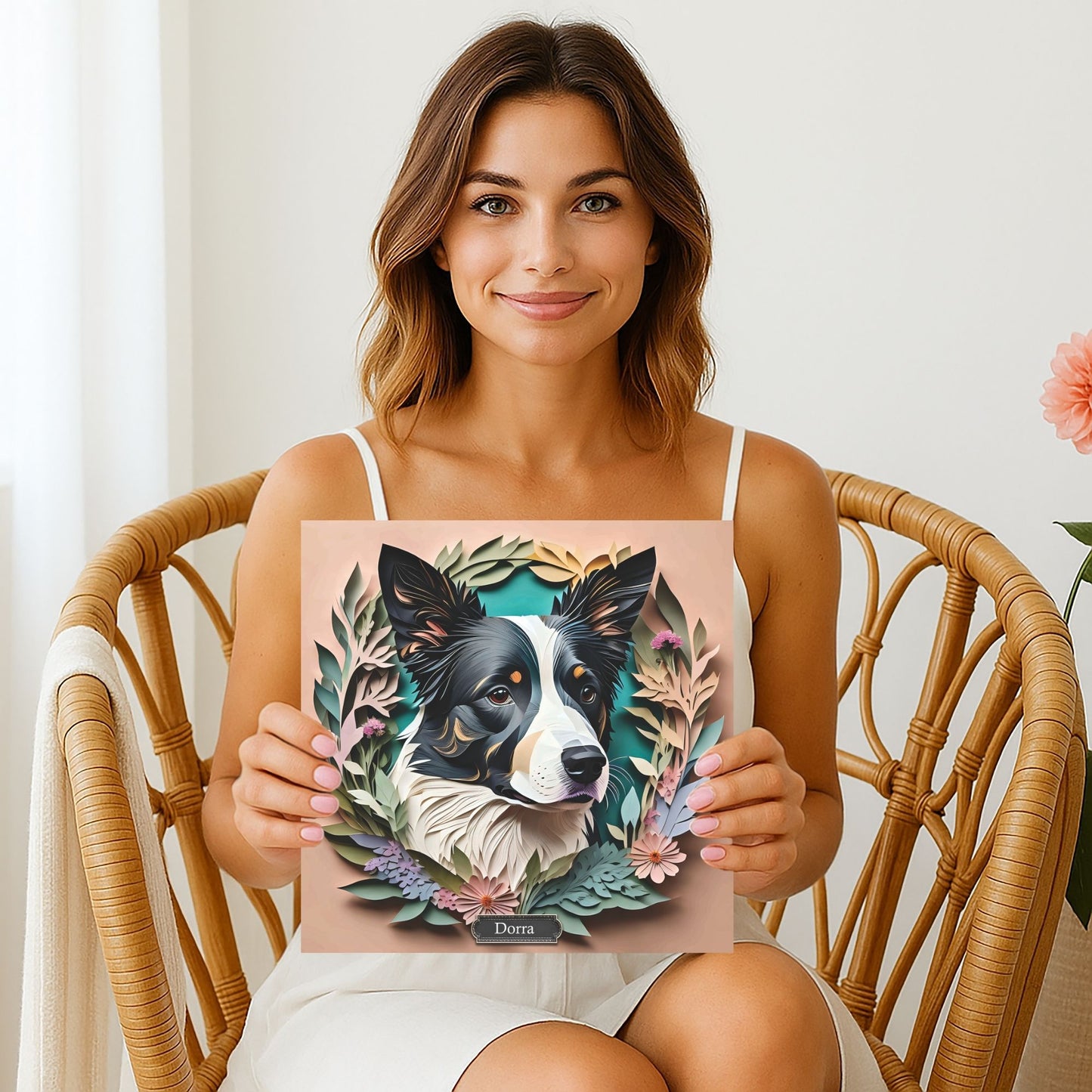 Border Collie in Floral Arrangement - 3D Illusion Art with Name Personalization