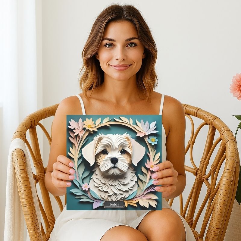 Maltese Dog Floral Art - 3D Illusion Dog Portrait - Custom Pet Wall Decor