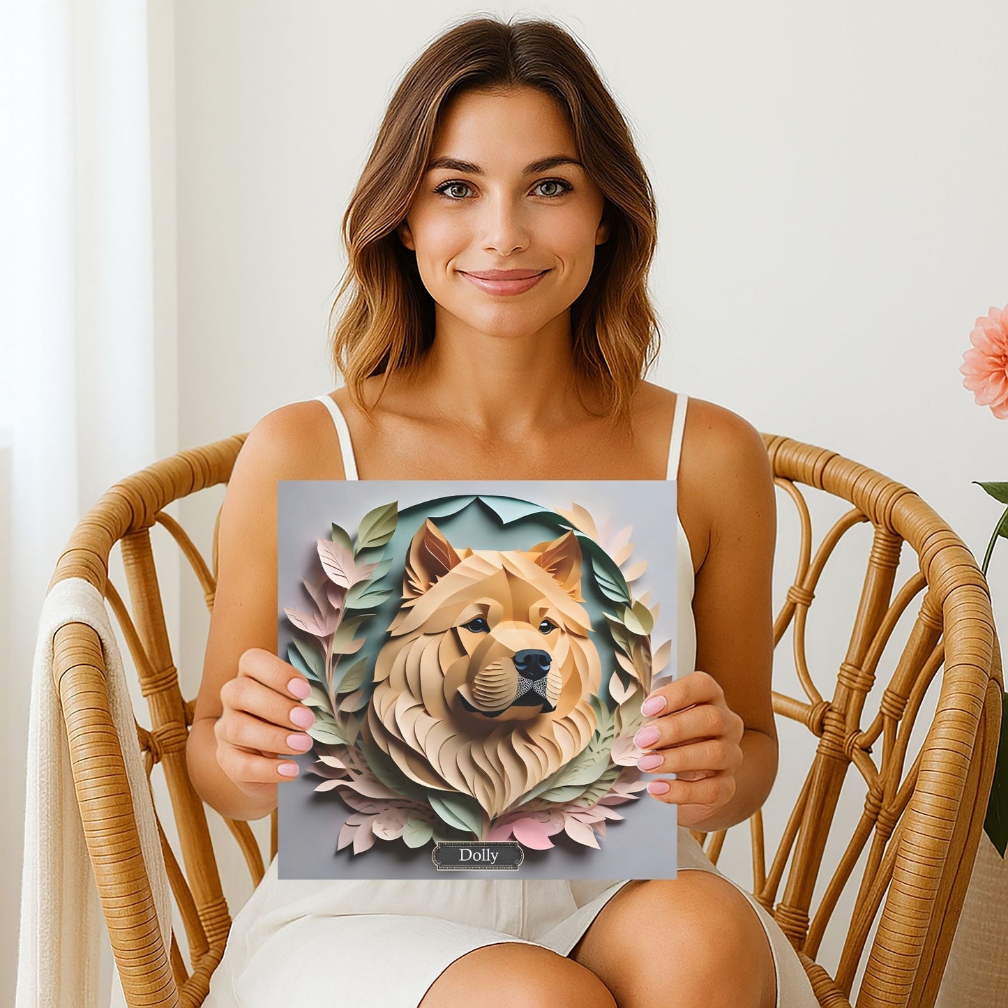 Chow Chow Portrait on Canvas in Pastel Floral Arrangement - Papercut Imitation Dog Lover Wall Art