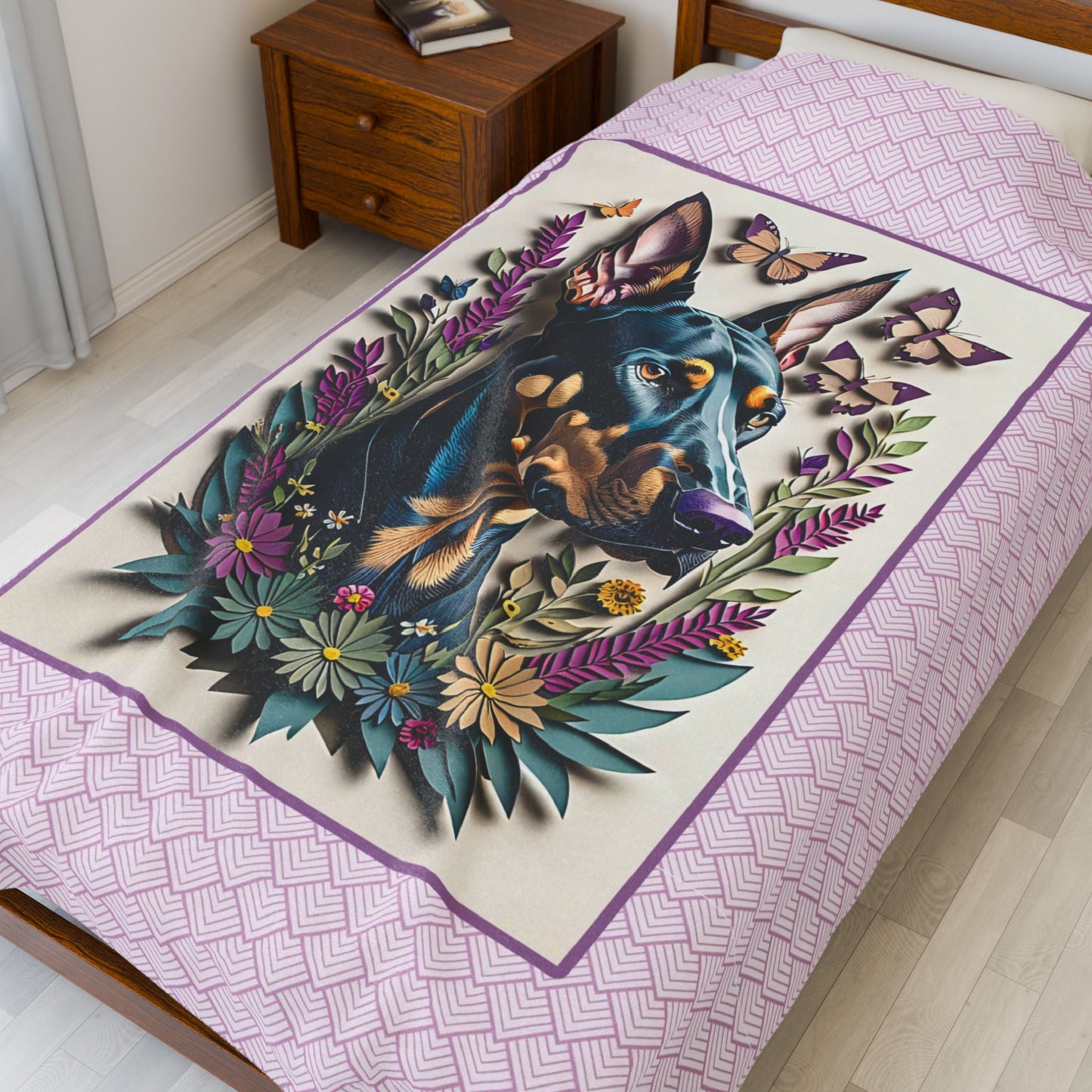 Doberman Portrait with Butterflies Velveteen Plush Blanket - Doberman Lover Throw Blanket