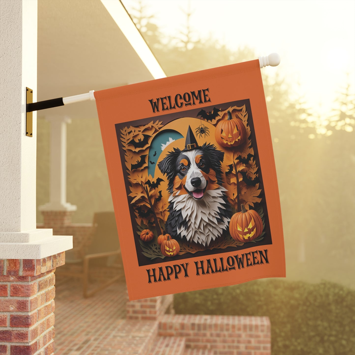 Aussie Halloween Garden Flag, Two-Sided Halloween Flag for Australian Shepherd Owner
