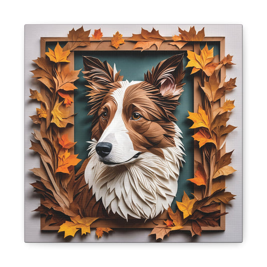 Brown and White Border Collie Fall Art, Canvas Portrait - 3D Illusion Art with Name Personalization