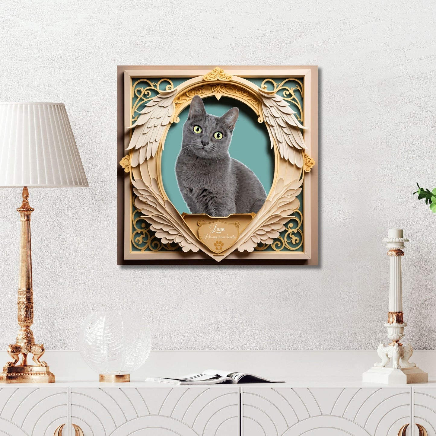Custom Memorial Pet Portrait - Wings Down Golden and Teal Design