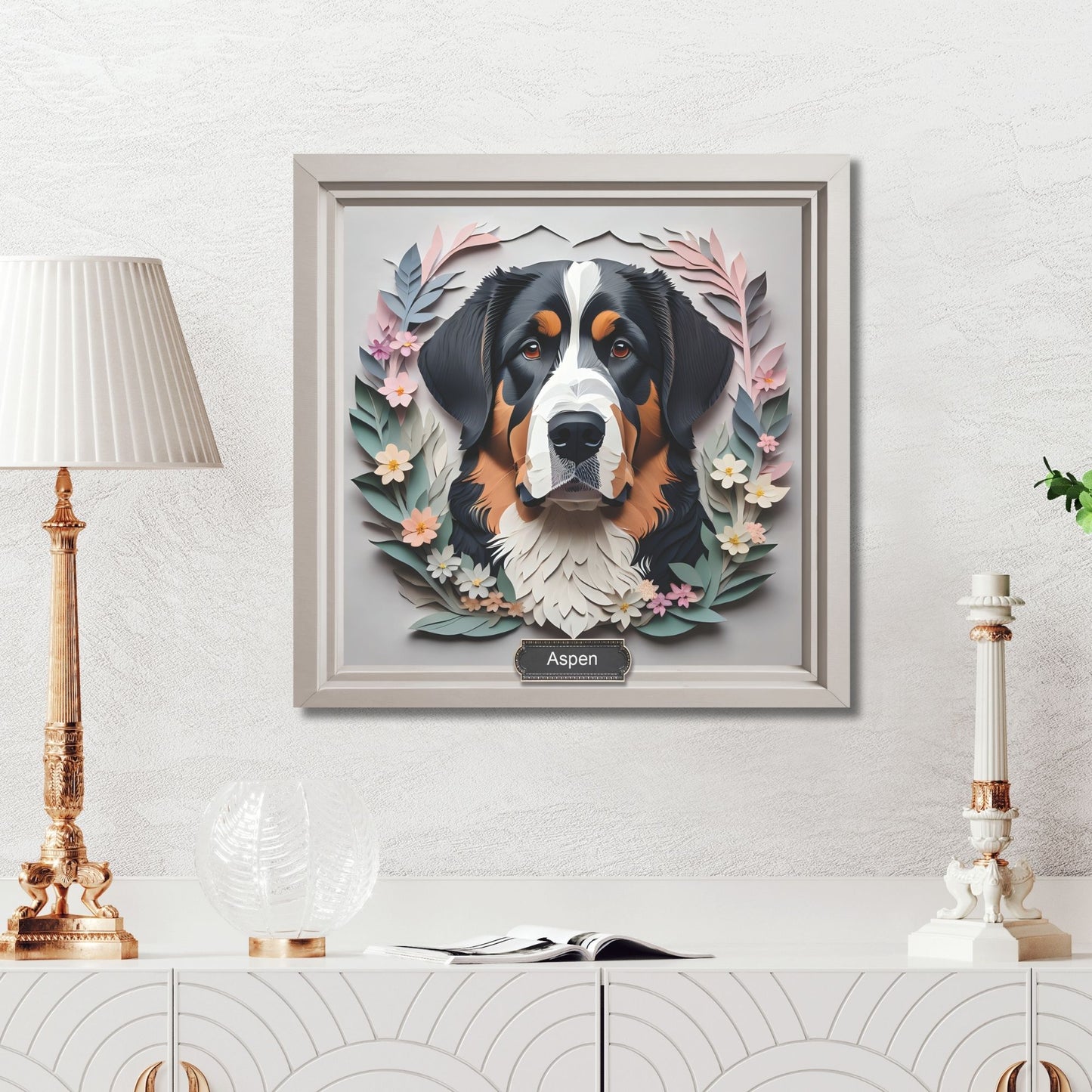 Floral Haven Bernese Mountain Dog - Papercut Imitation Canvas Print for Modern Home