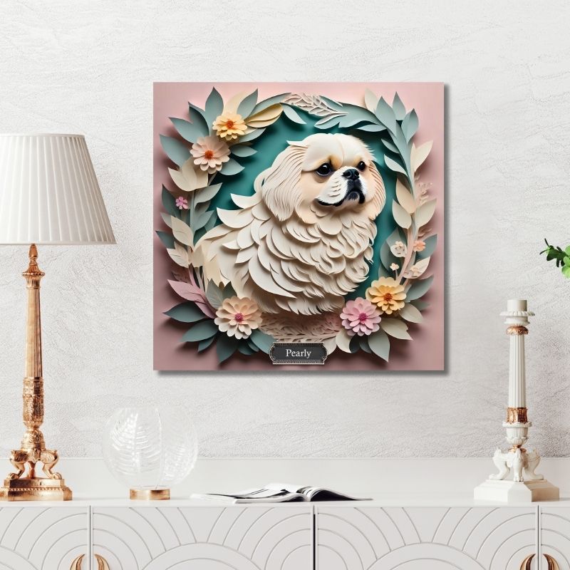 White Pekingese Floral Wall Art -  Pekingese Dog Memorial Gift or Decor