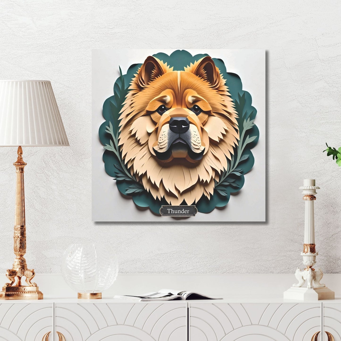 Chow Chow Leafy Green Scalloped Background Wall Art - Personalized Pet Name Canvas