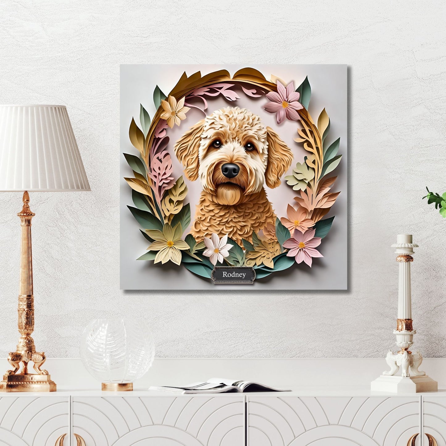 Labradoodle or Golden Doodle Portrait Floral Art -  3D Illusion Canvas Print With Name Personalization