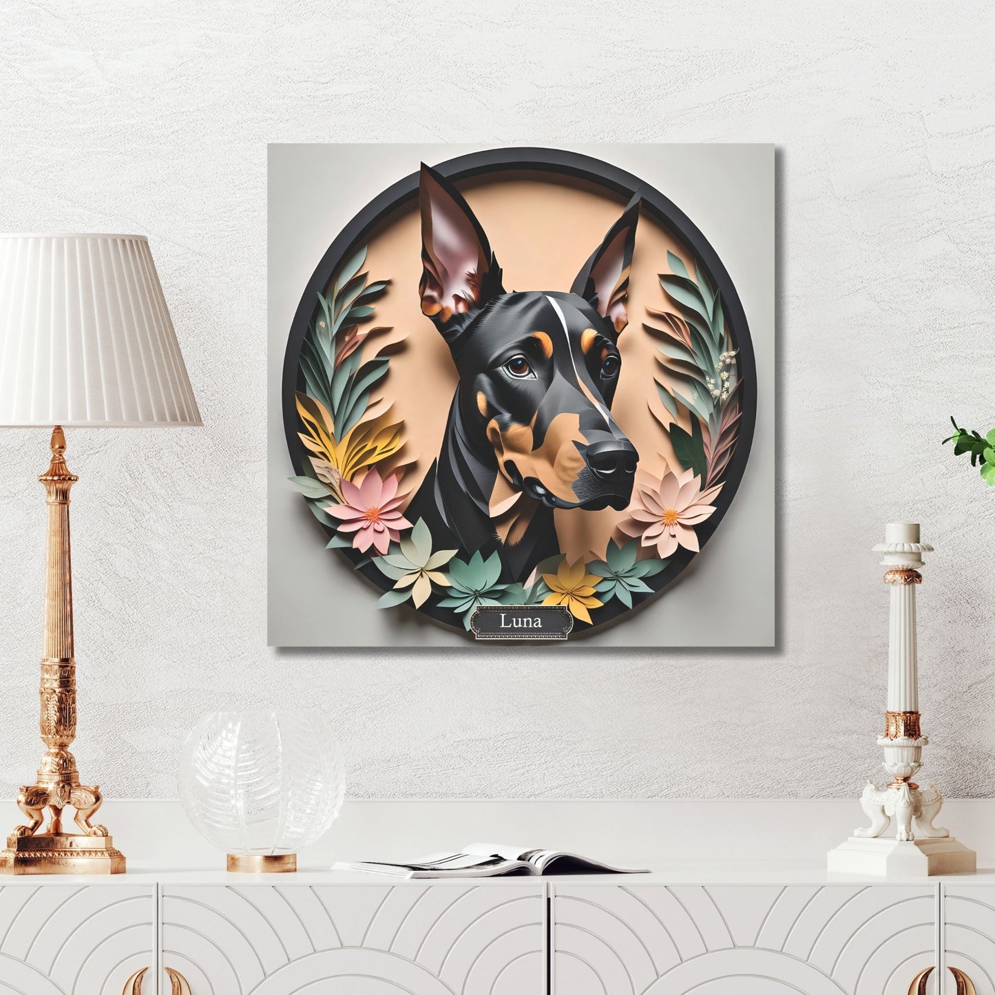 Doberman Portrait in a Circular Black Faux Frame - Dobie Wall Art in Papercut Imitation Style