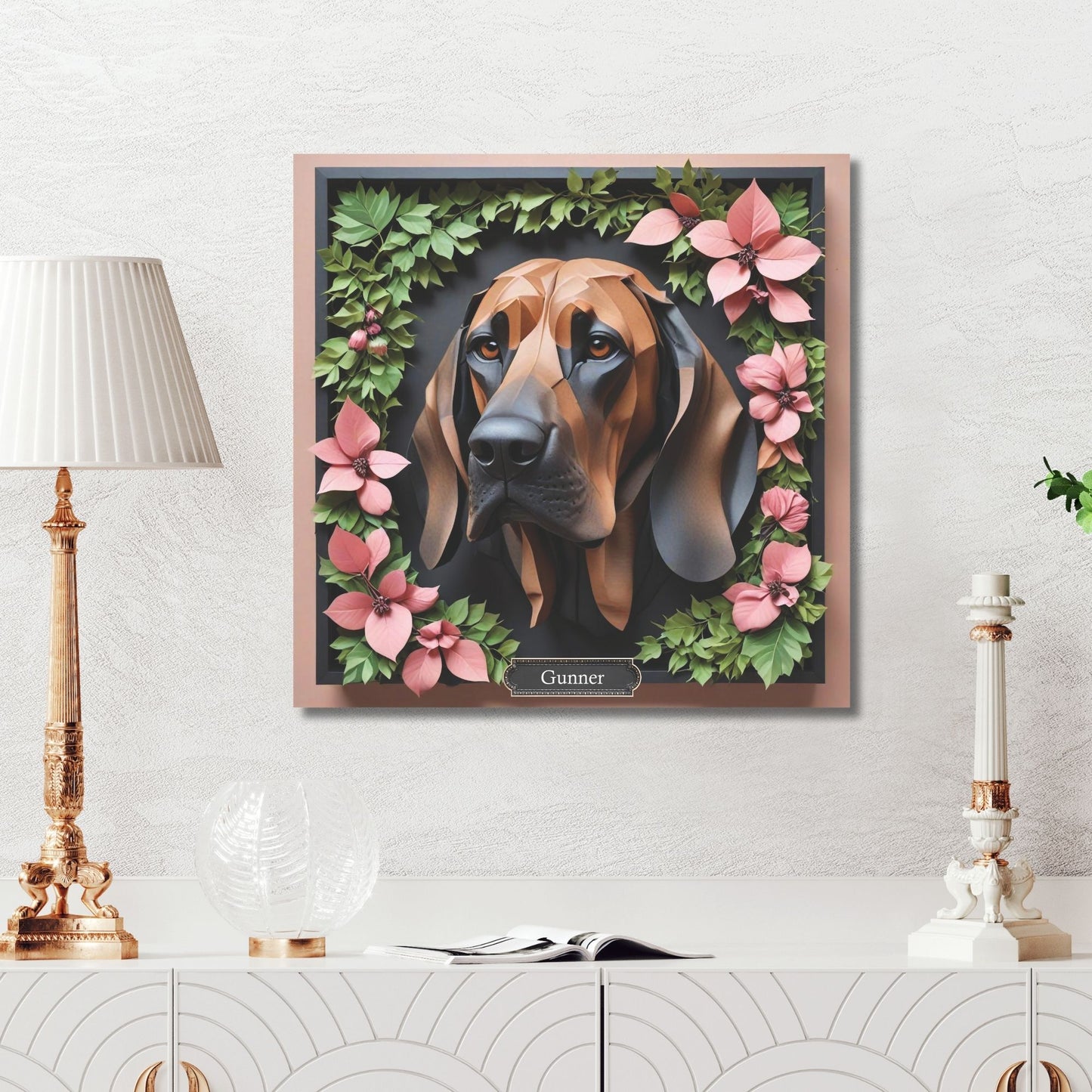 Bloodhound Floral Canvas Print - 3D Illusion Dog Portrait Gift for Pet Lover