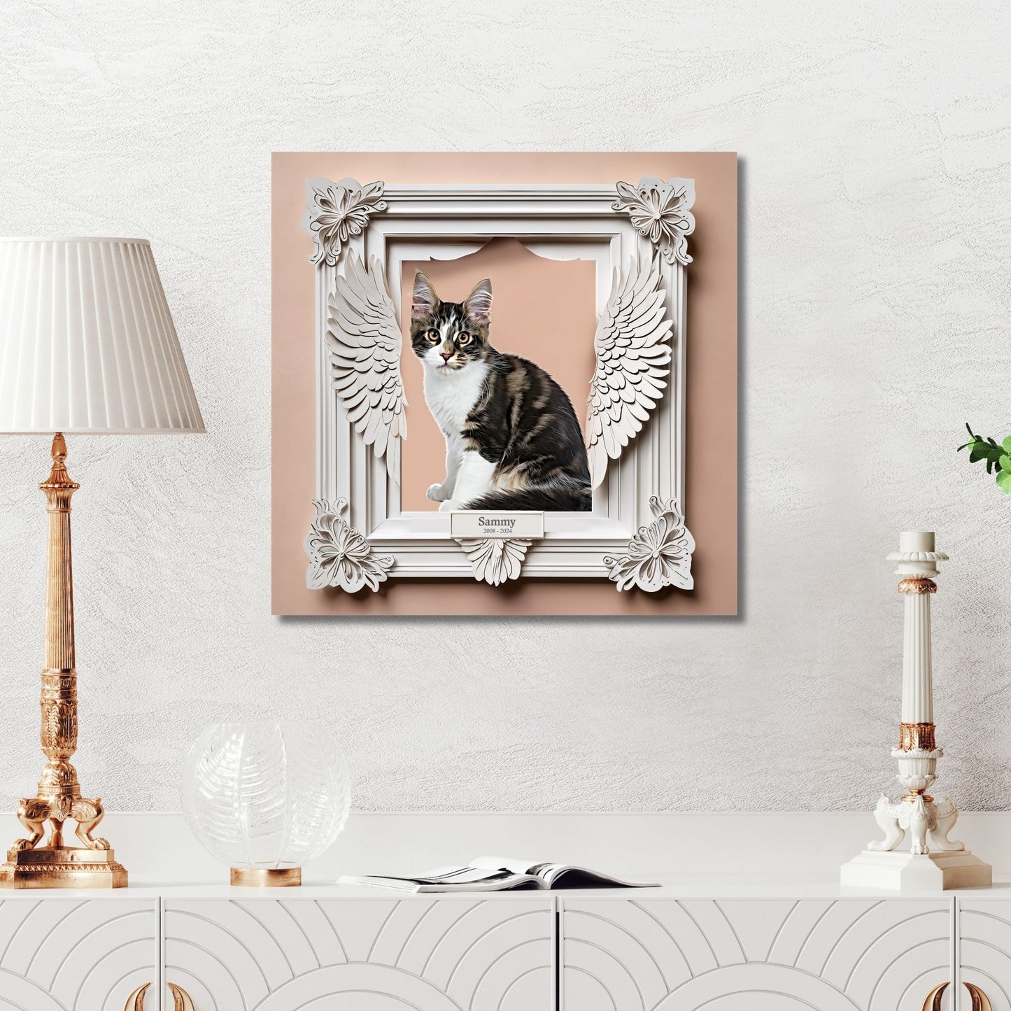 Custom Memorial Pet Portrait - Antique White Wings Frame