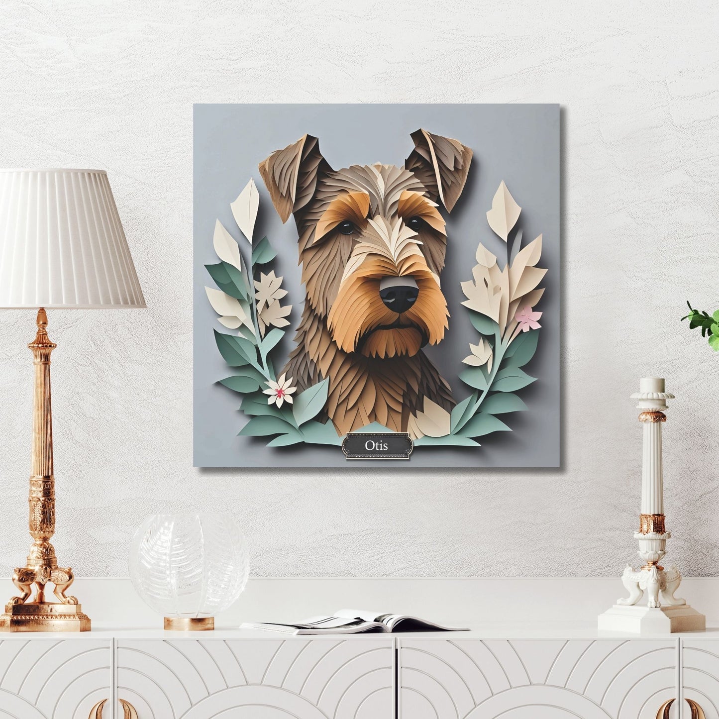 Airedale Terrier 3D Illusion Portrait on Gray Background