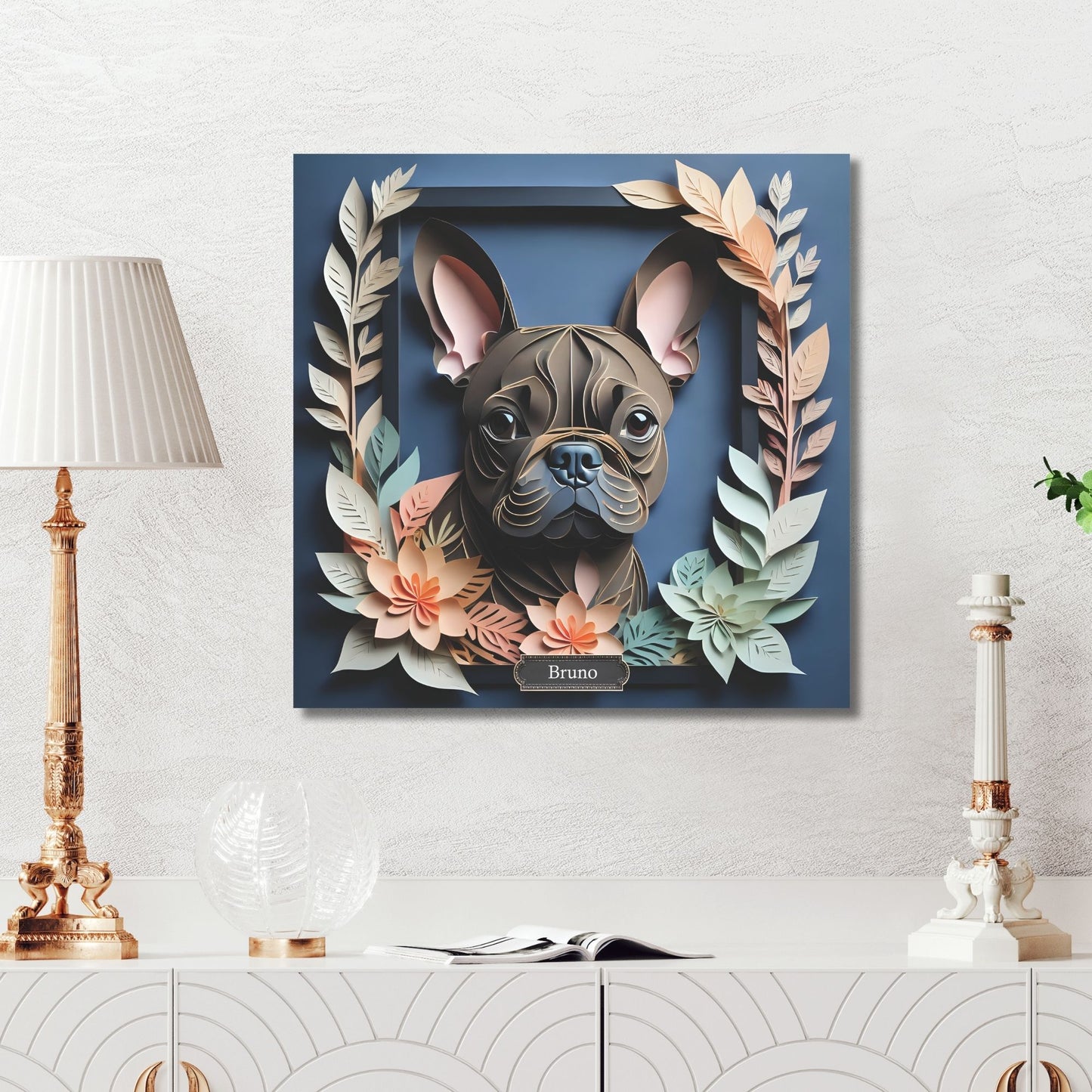 Navy Elegance French Bulldog - Faux Papercut Print with Deep Blue Backdrop