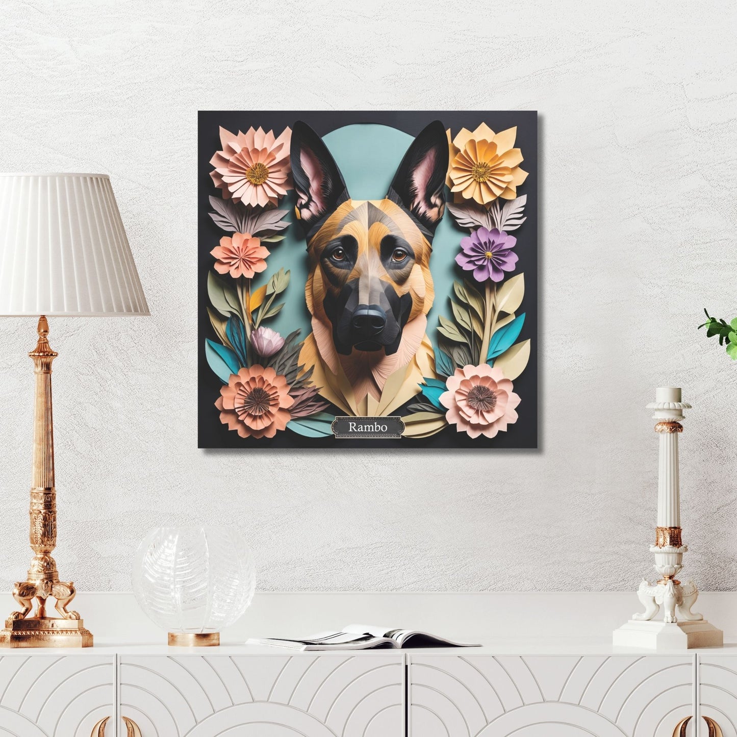 Belgian Malinois Portrait in Vintage Papercut Imitation Art Style