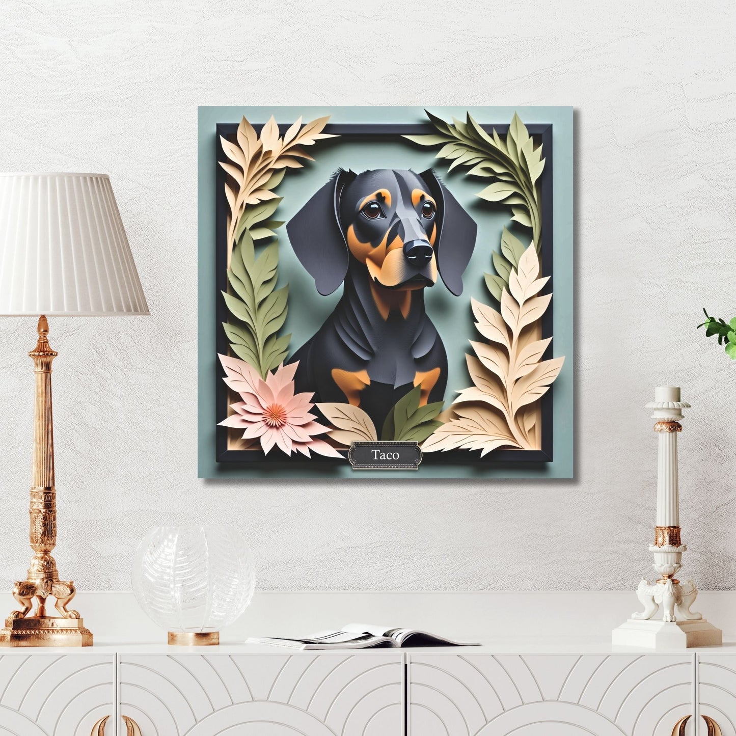 Black Dachshund Botanical Frame Wall Art - Custom Pet Name Artwork