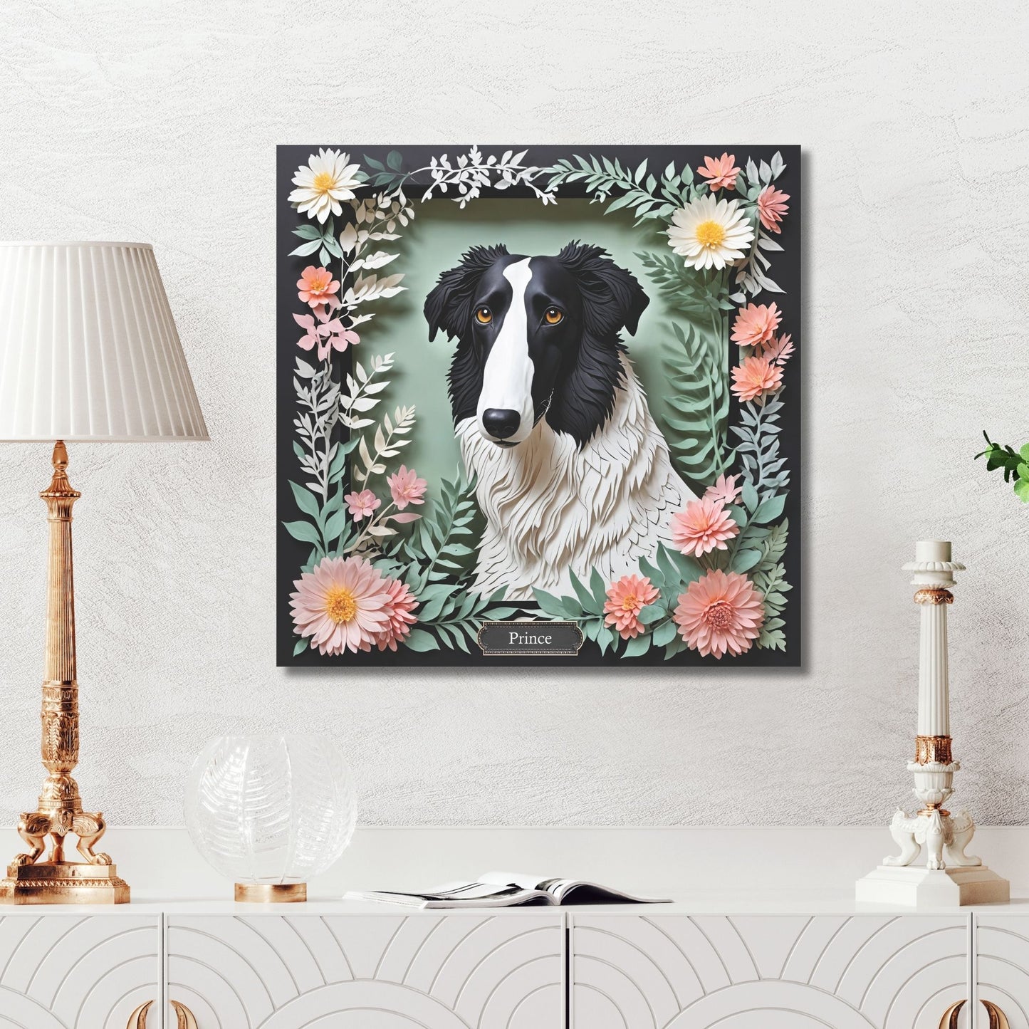 Floral Borzoi Canvas Print – Black & White Dog Portrait with Botanical Frame
