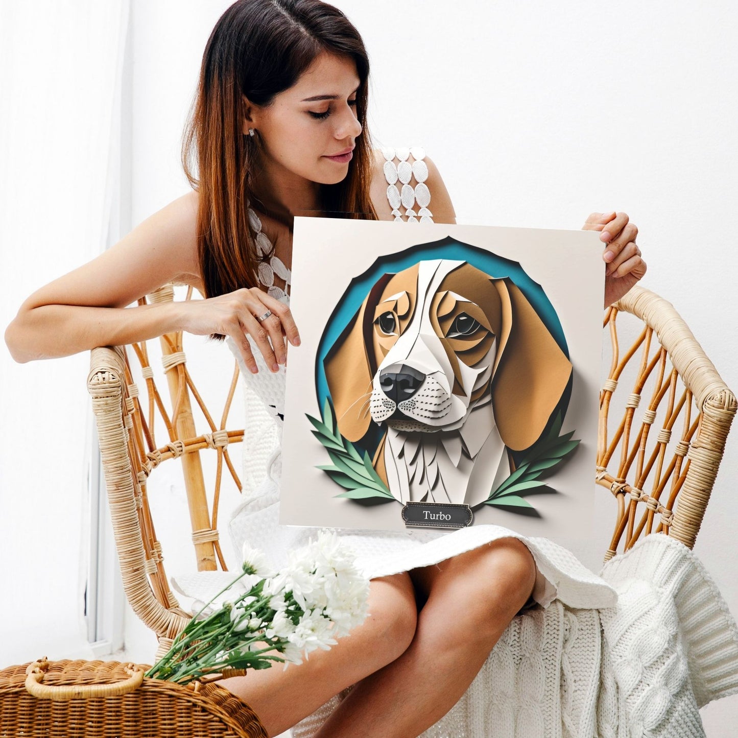 Classic Beagle Canvas Wrap, Beagle Portrait Print Imitating Papercut Art with Name Personalization, Beagle Lover Perfect Gift