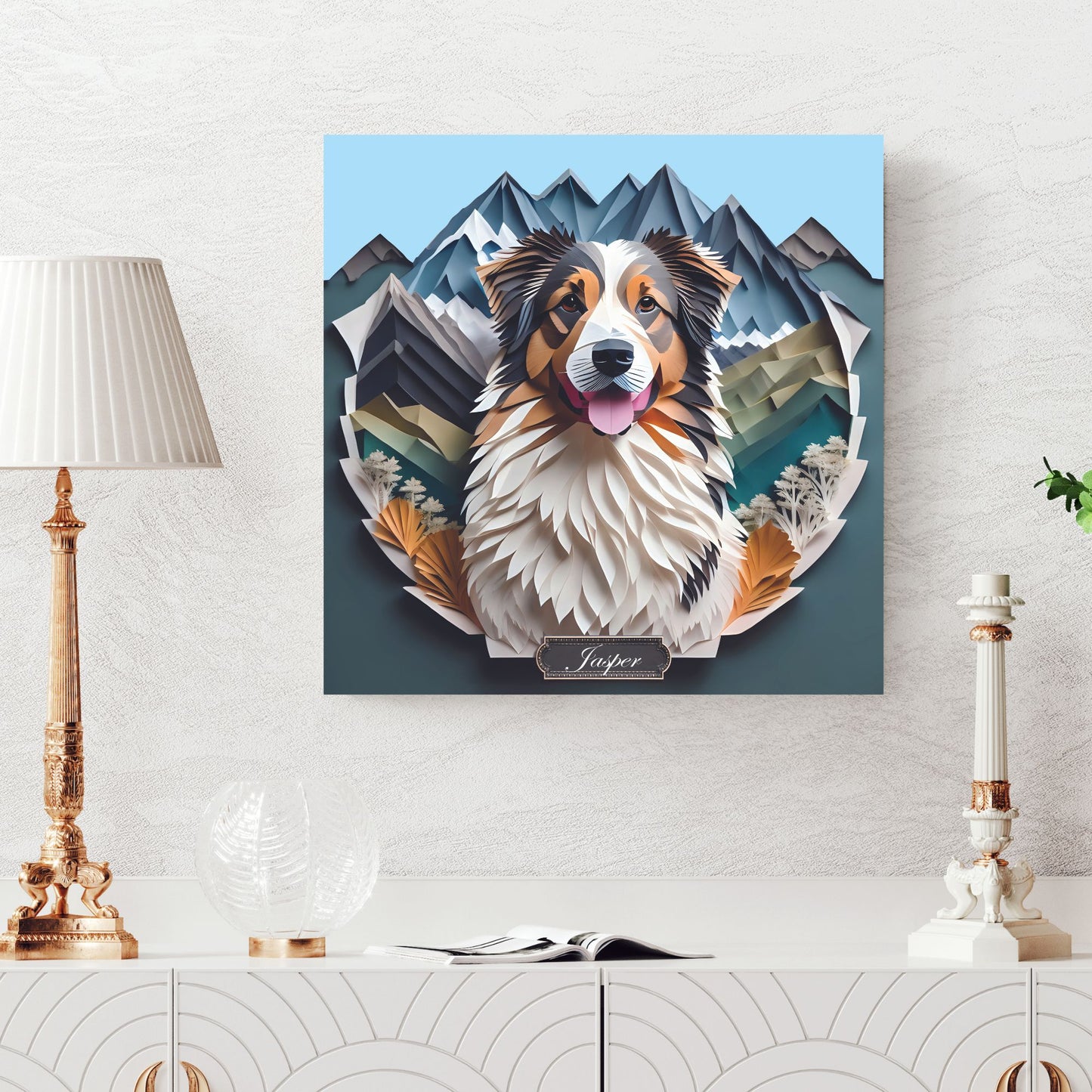 Australian Shepherd Mountain-Themed Portrait, Papercut Imitation Style Aussie Owner Gift