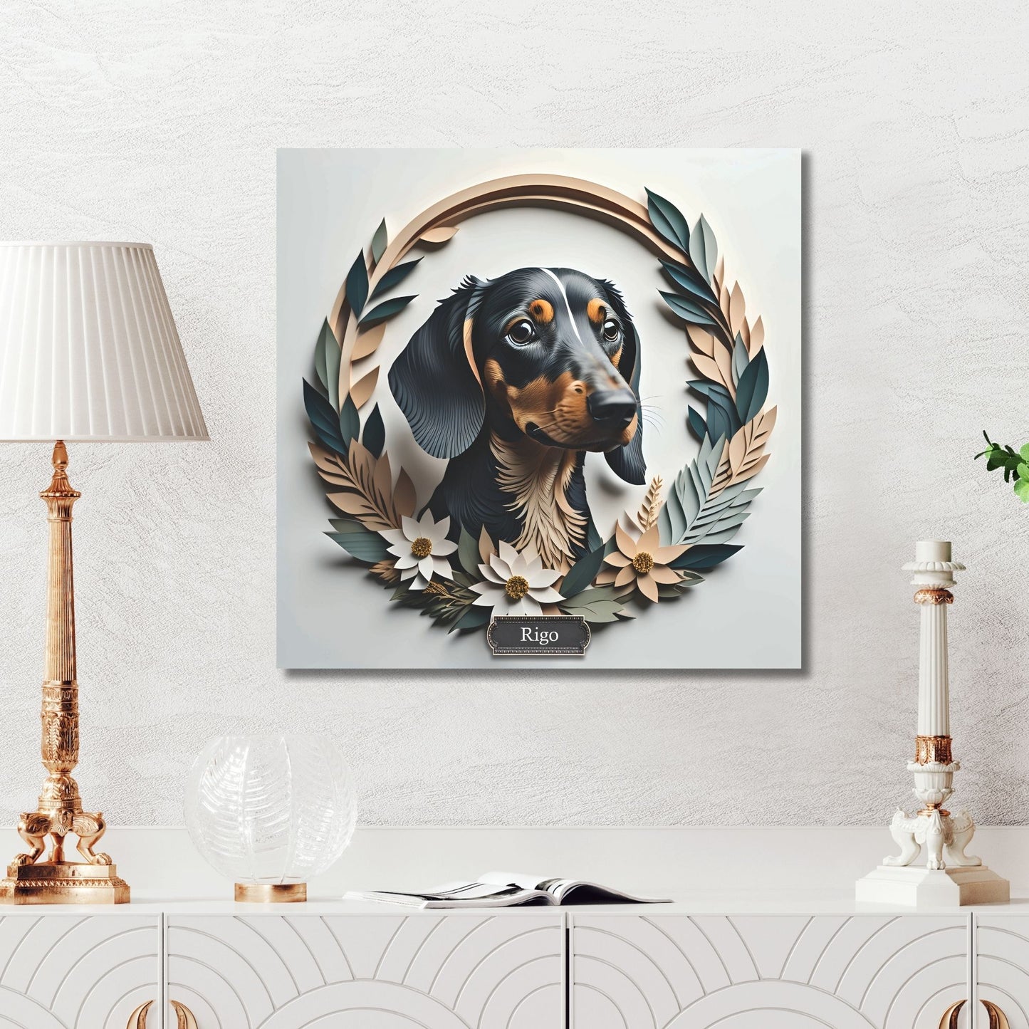 Black Dachshund Leaf Wreath Wall Art - Custom Pet Name Artwork