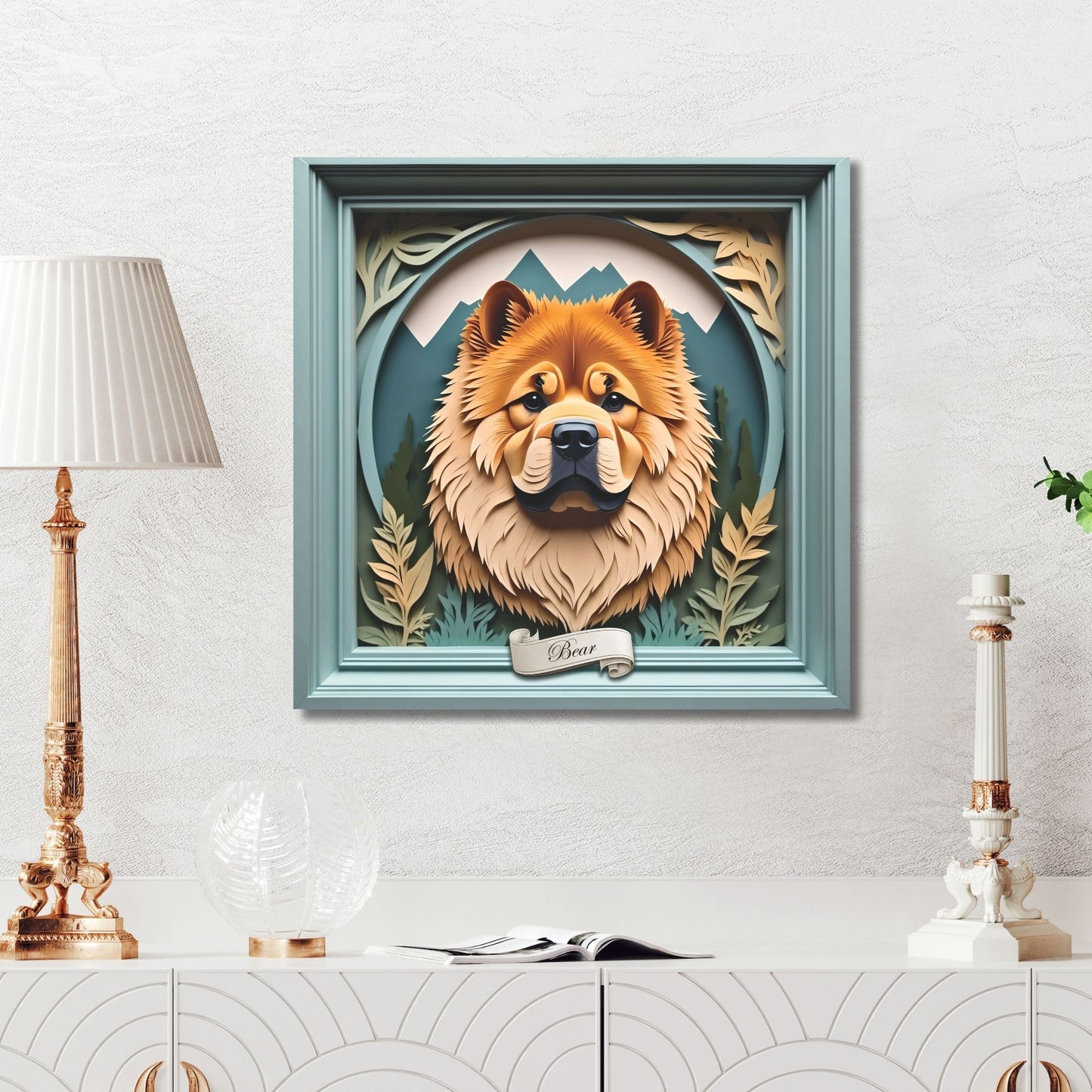 Chow Chow Mountain Scene Wall Art - Personalized Dog Name Pet Portrait