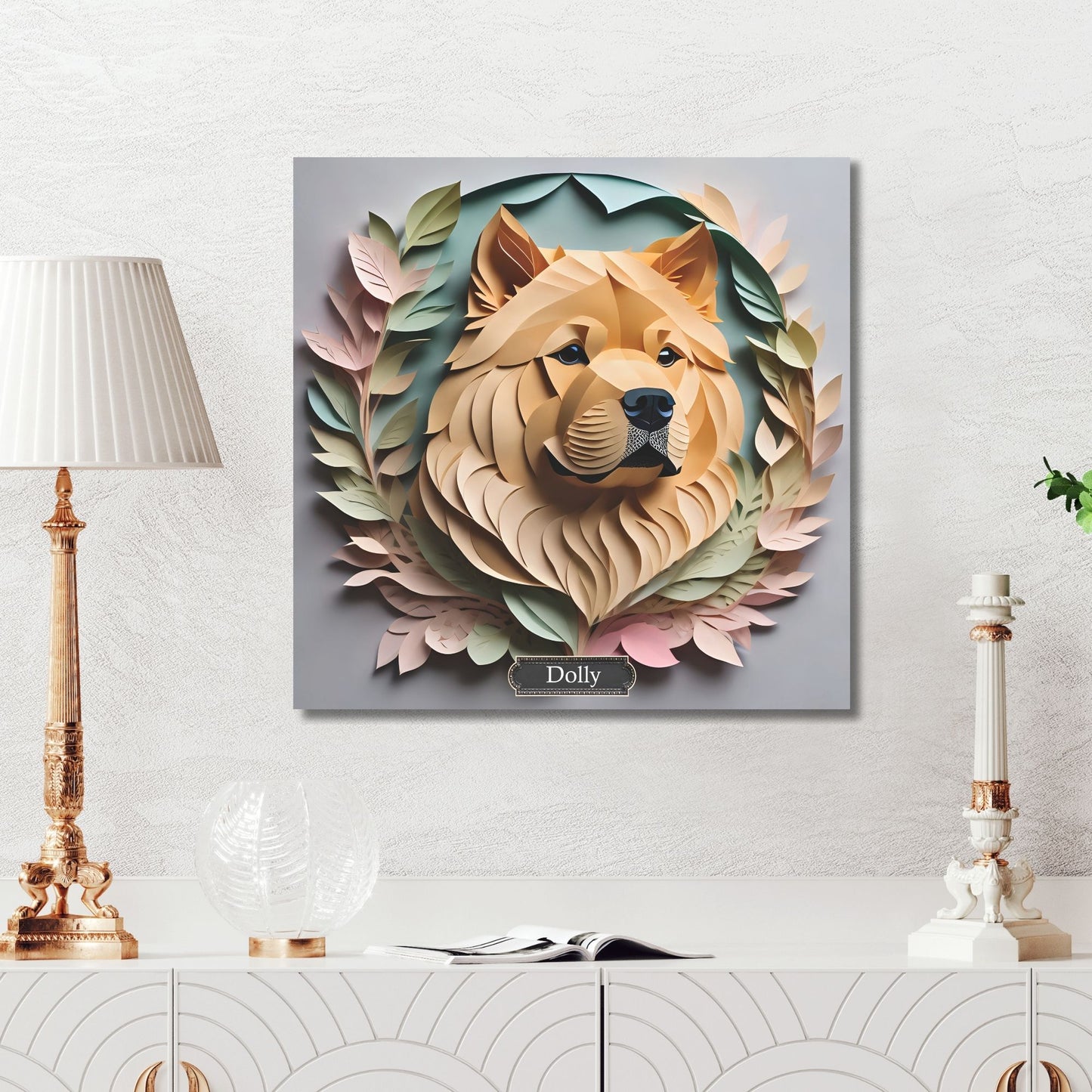 Chow Chow Portrait on Canvas in Pastel Floral Arrangement - Papercut Imitation Dog Lover Wall Art