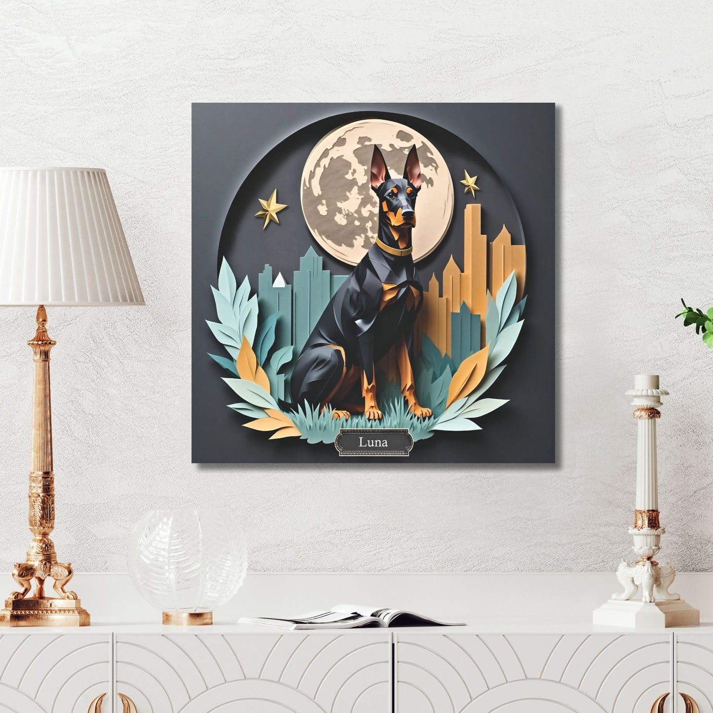 Doberman Wall Art with Moon and Stars - Unique Pet Memorial Home Decor - Dobie Mom or Dad Gift