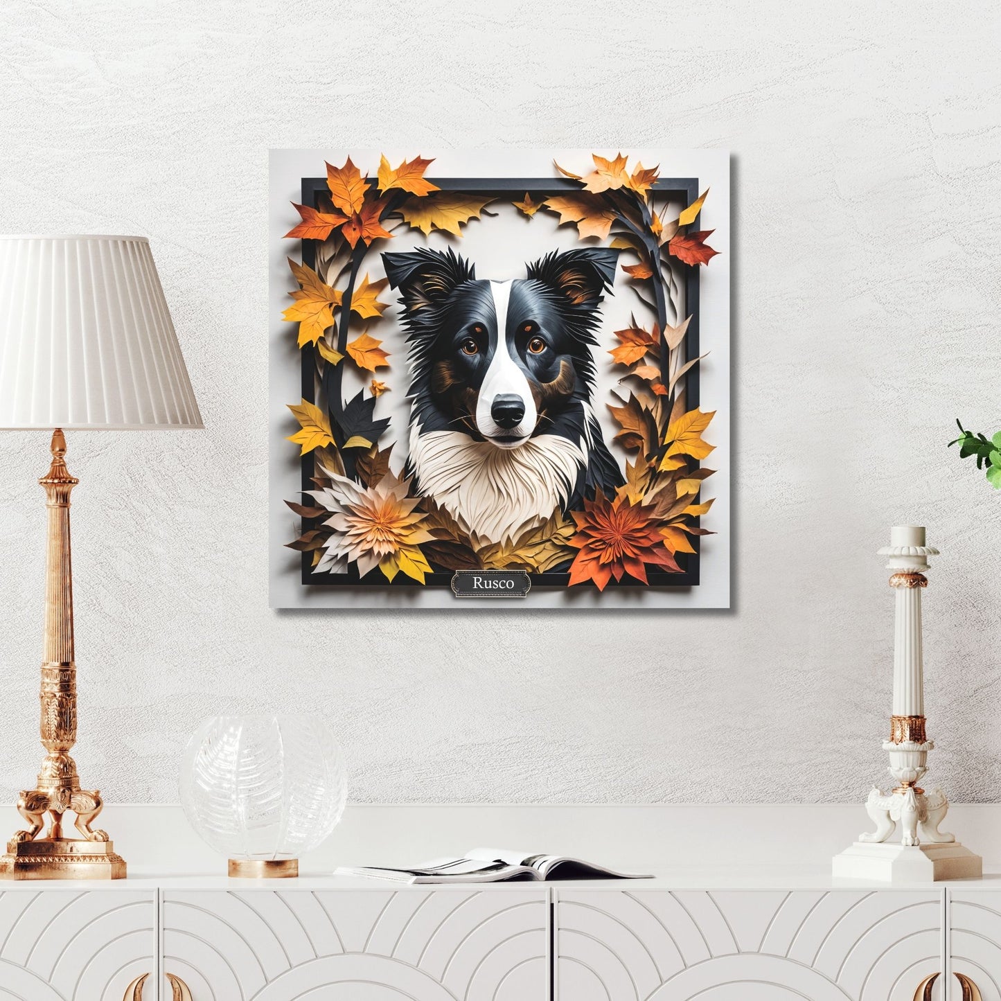 Border Collie Fall Portrait - 3D Illusion Art with Name Personalization