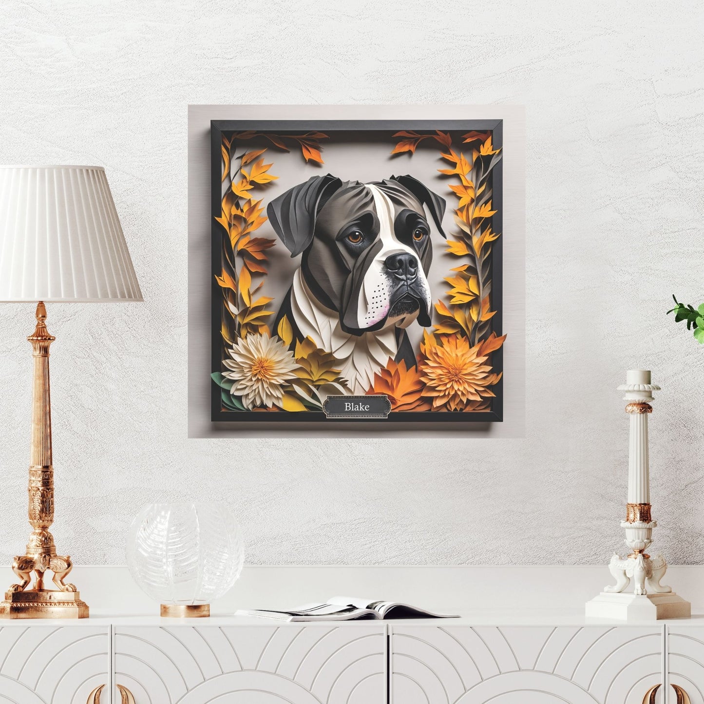 Black Boxer Dog Fall Art - Canvas Print 3D Illusion Art with Name Personalization