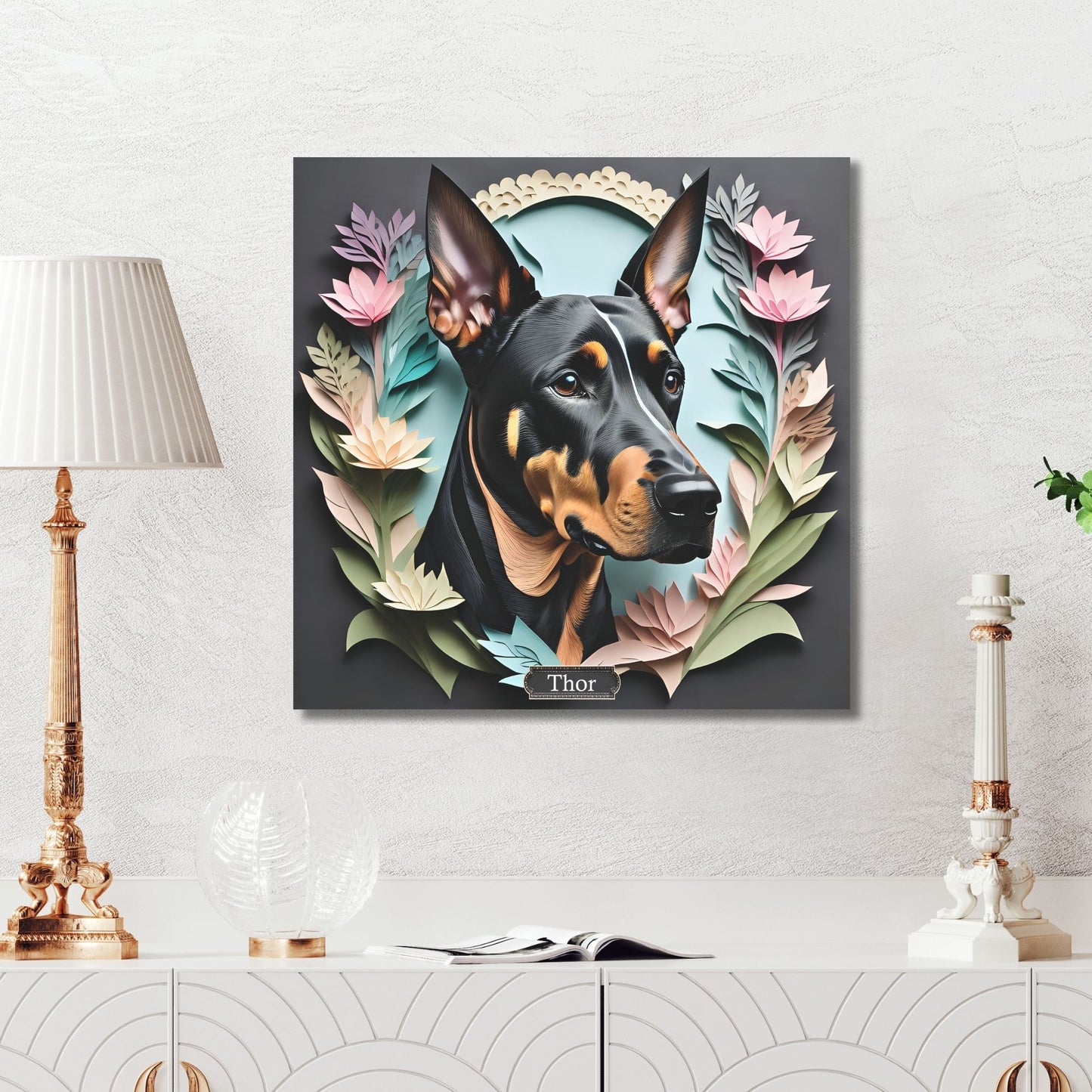 Doberman Portrait on Charcoal Background -  Dobie Wall Art Home Decor