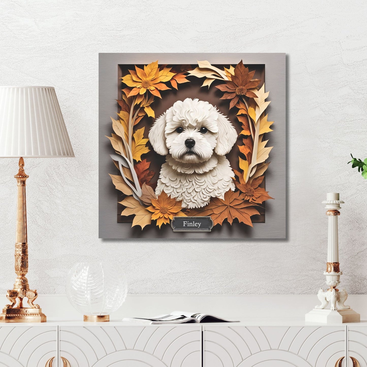 Bichon Frisé in Fall Leaves Canvas Wrap, Name Personalization Dog Portrait, Bichon Frisé Lover Perfect Gift