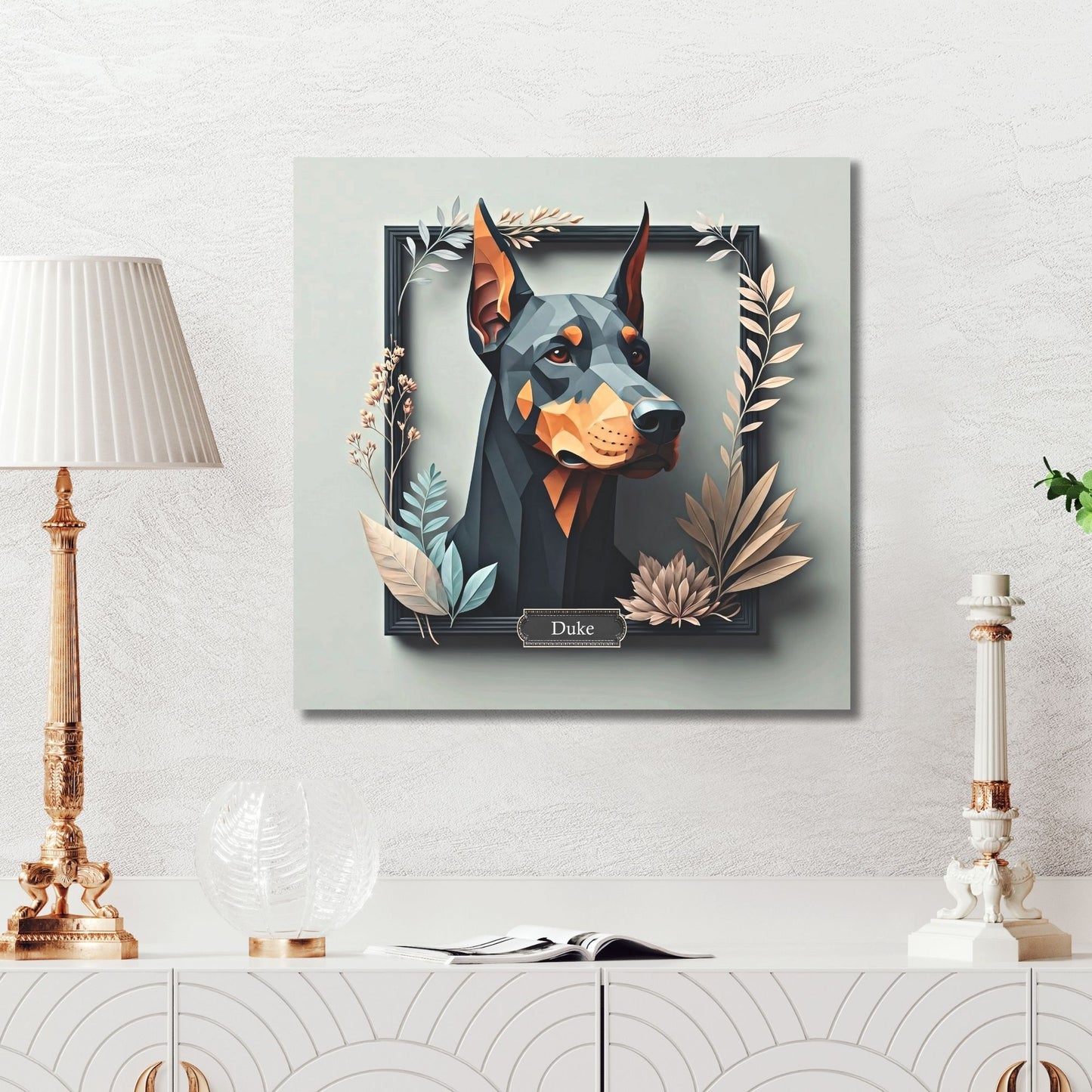 Doberman Portrait Wall Art with Botanical Frame - Unique Pet Memorial Home Decor