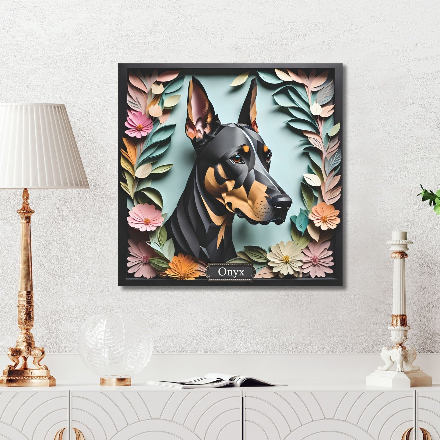 Doberman Canvas Portrait in Faux Black Frame - Dobie Lover Wall Art with Name Personalization