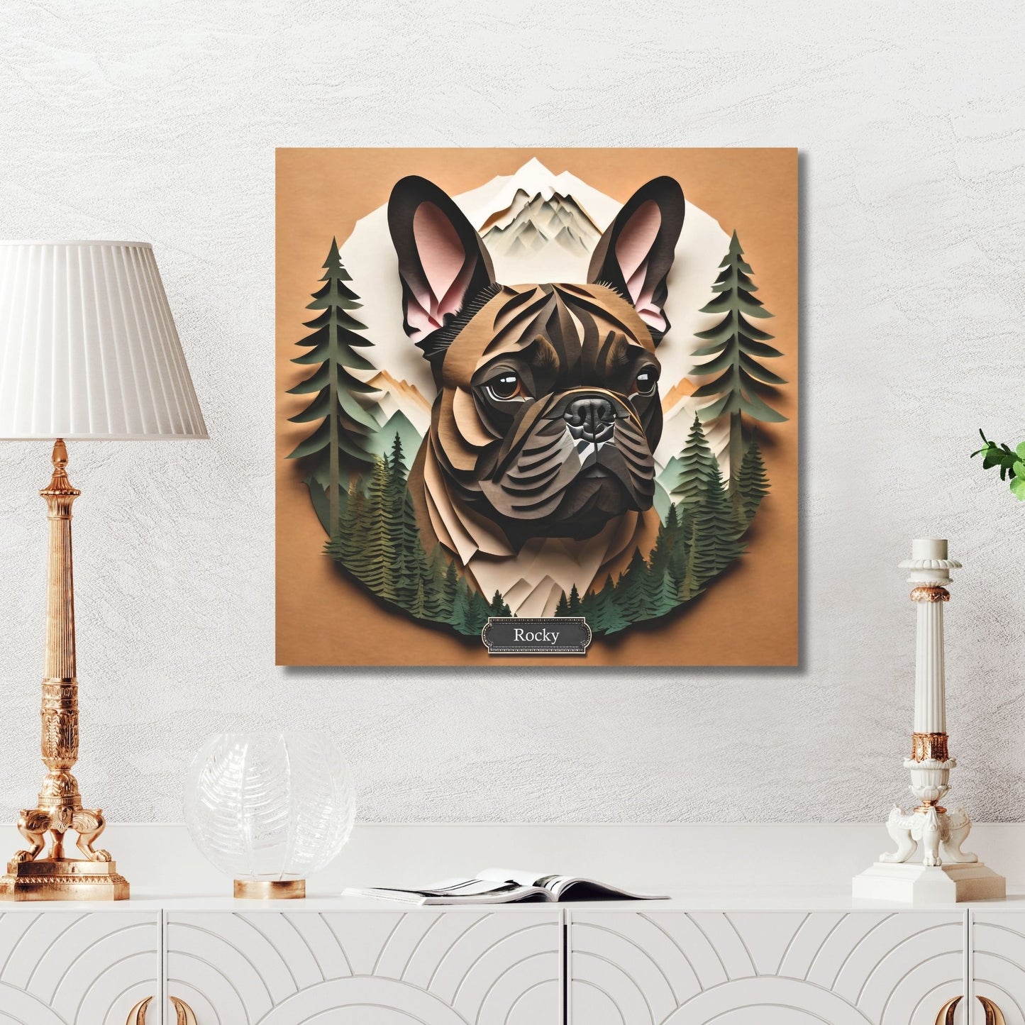 Personalized French Bulldog Wall Art - 3D Illusion Forest & Mountain Frenchie Memorial