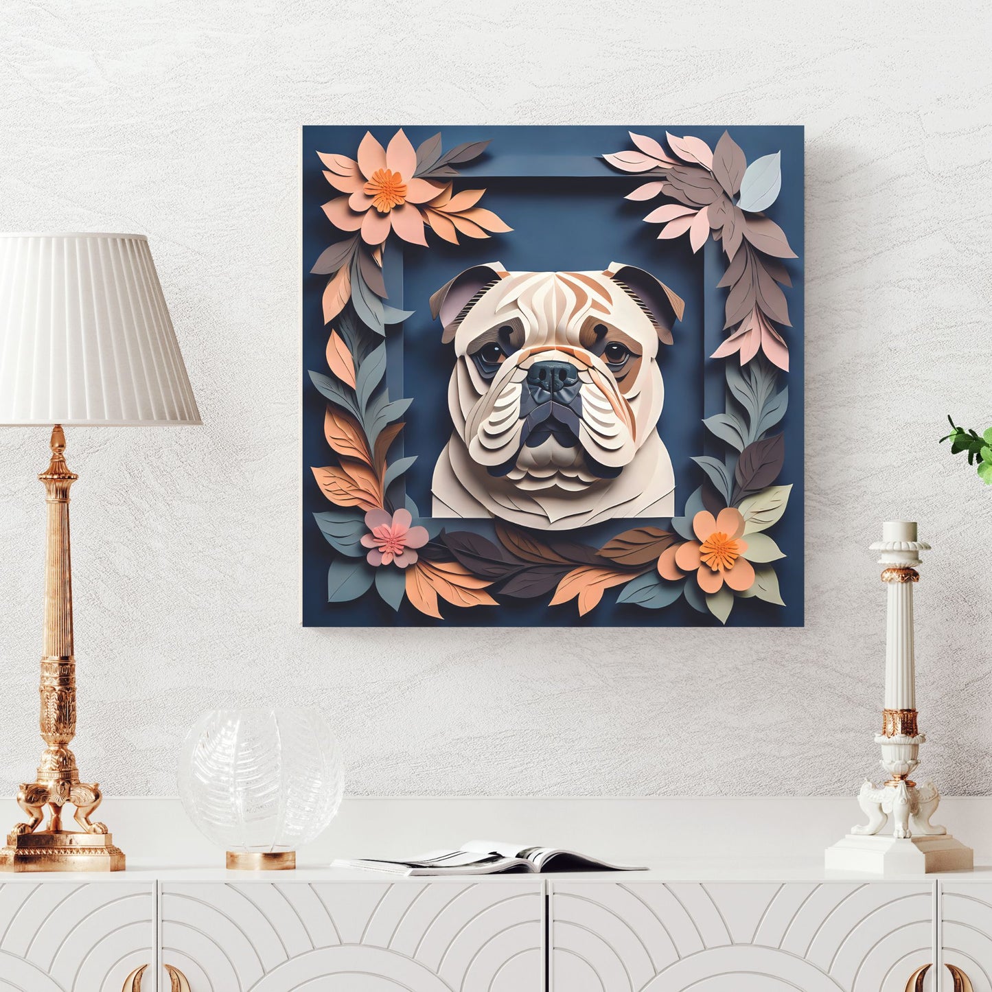 Charming Faux Papercut Bulldog Canvas on Navy Background- 3D Illusion Floral Decor