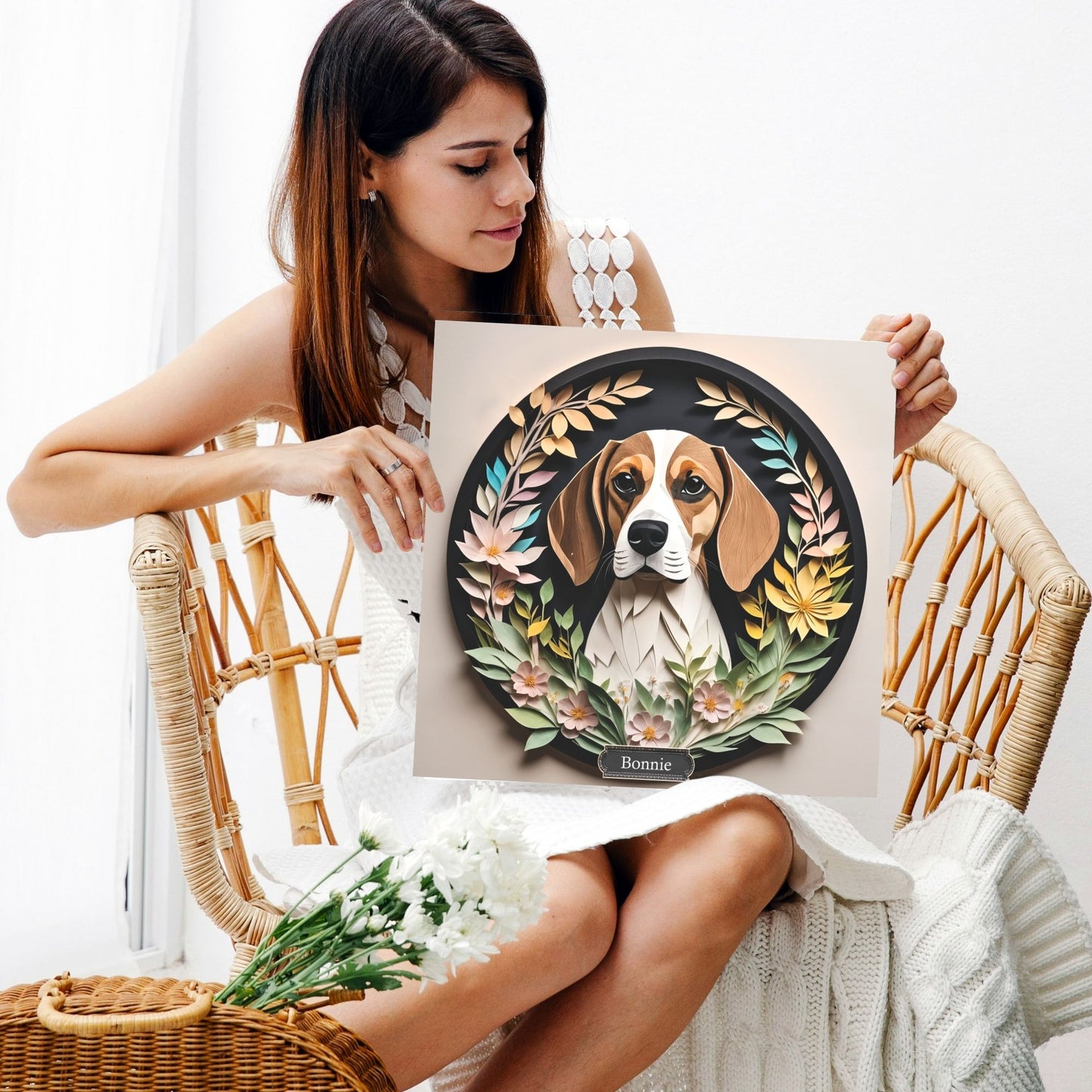 Beagle Portrait in Circular Vignette with Name Personalization, Beagle Lover Perfect Gift, Unique Beagle Mom Dad Gift, Beagle Memorial