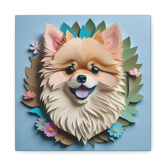 Pomeranian Wall Art Canvas - Faux Papercut Dog Portrait with Greenery and Flowers