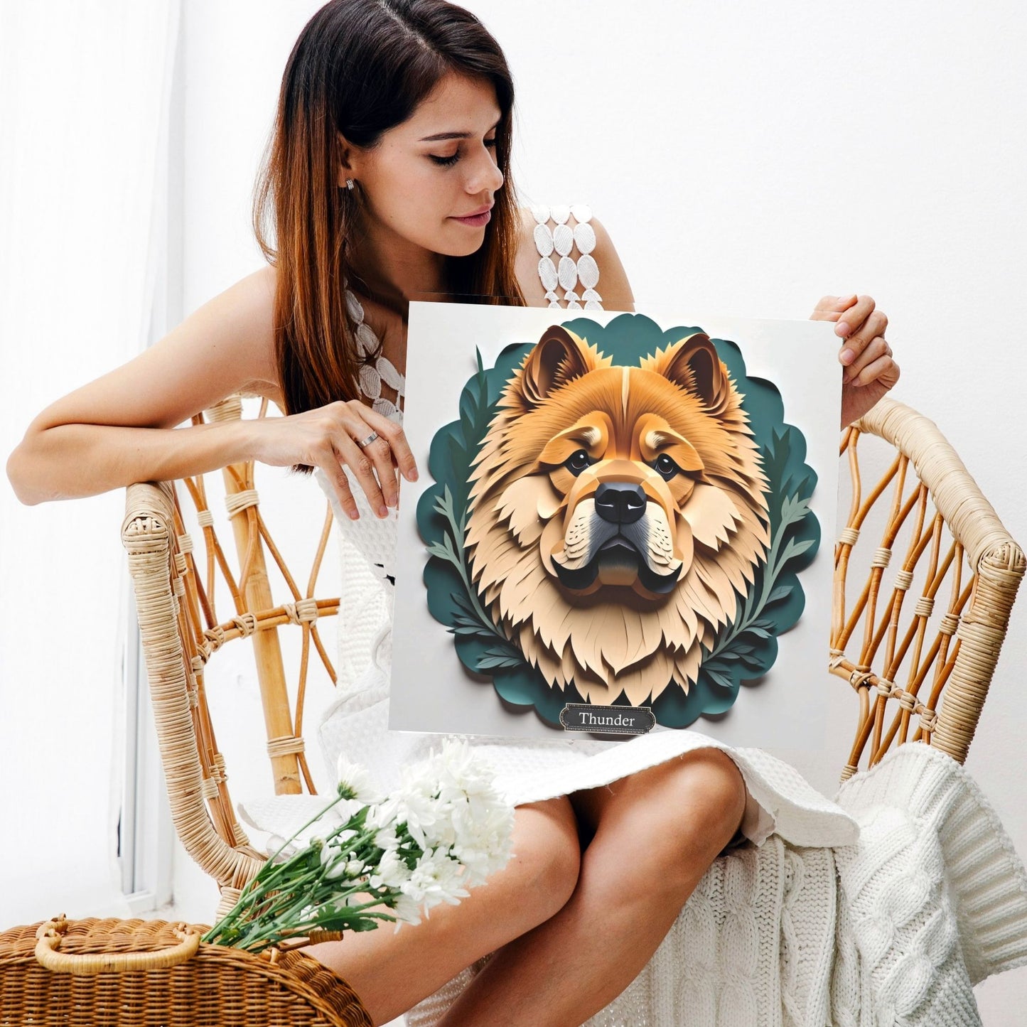 Chow Chow Leafy Green Scalloped Background Wall Art - Personalized Pet Name Canvas