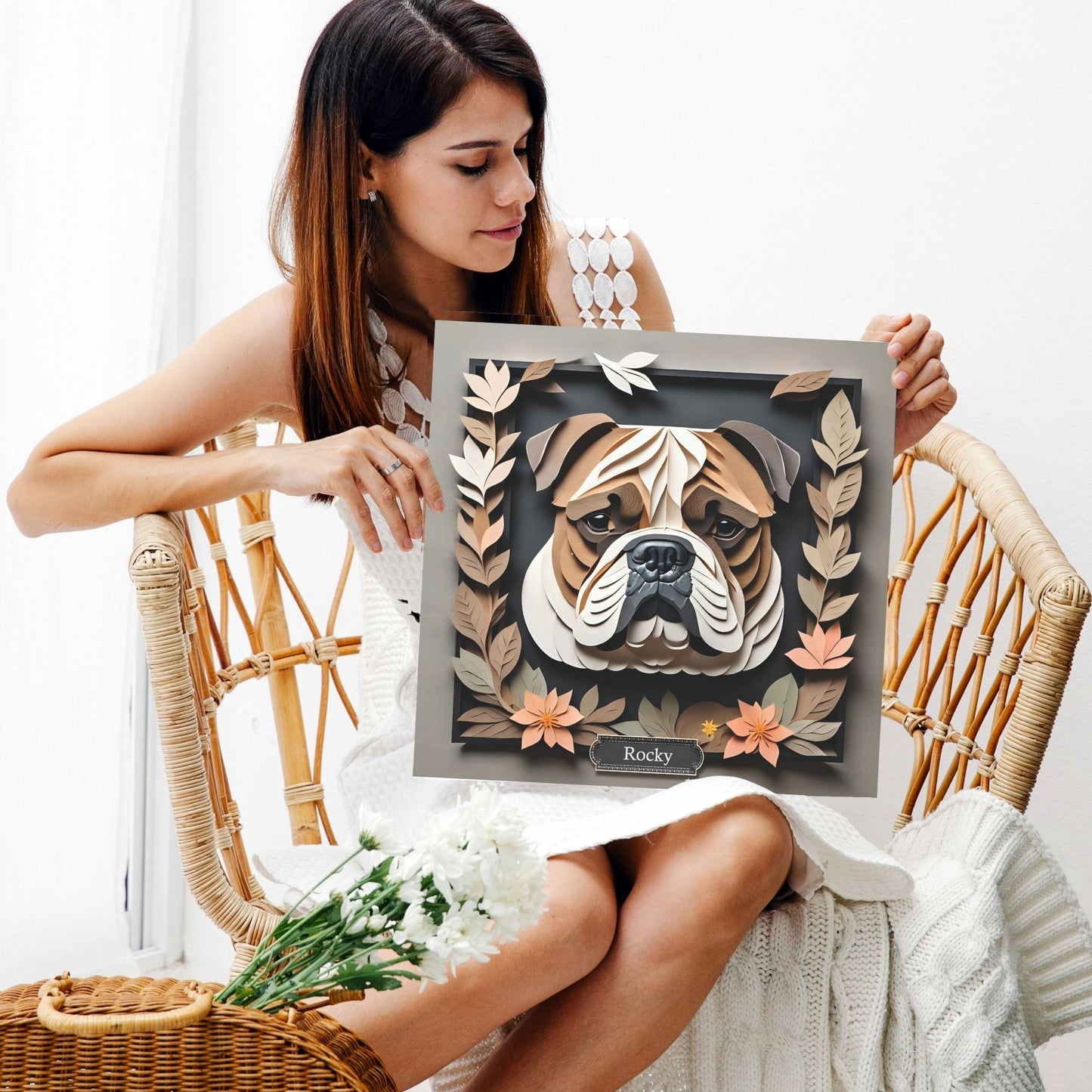 3D Illusion English Bulldog Art - Beige & Black Framed Canvas with Pastel Leaves