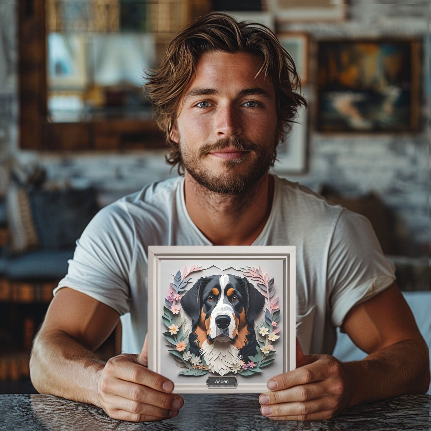 Floral Haven Bernese Mountain Dog - Papercut Imitation Canvas Print for Modern Home