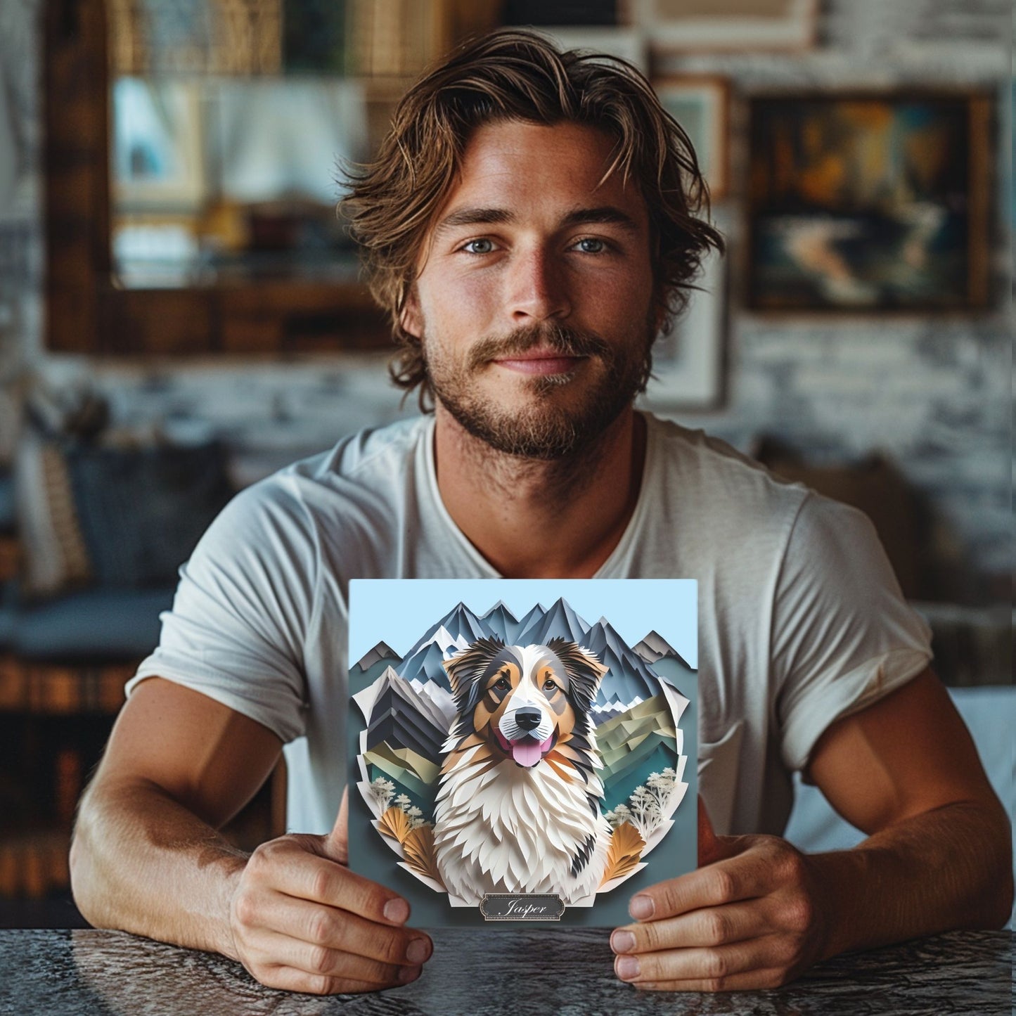 Australian Shepherd Mountain-Themed Portrait, Papercut Imitation Style Aussie Owner Gift