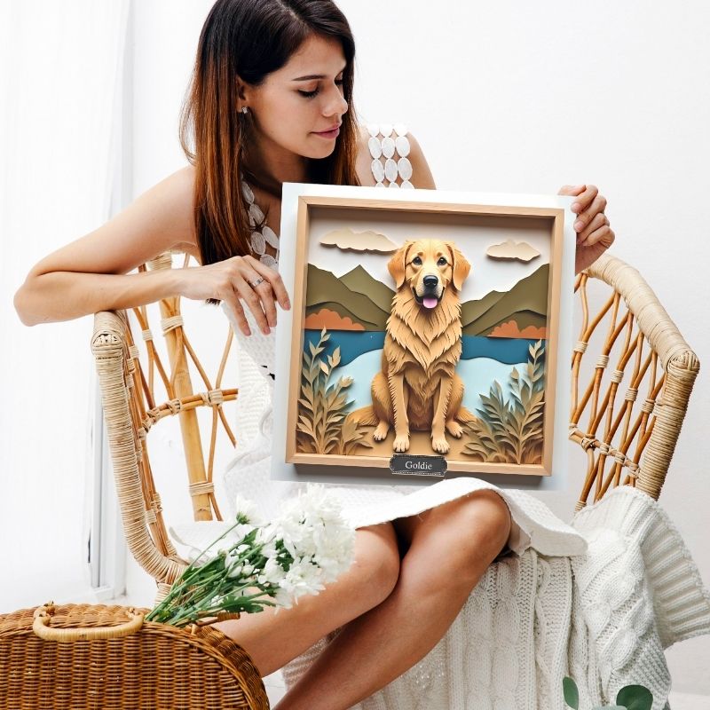 Golden Retriever Lake Wall Art with Custom Dog Name - Mountain Scene Personalized Pet Portrait