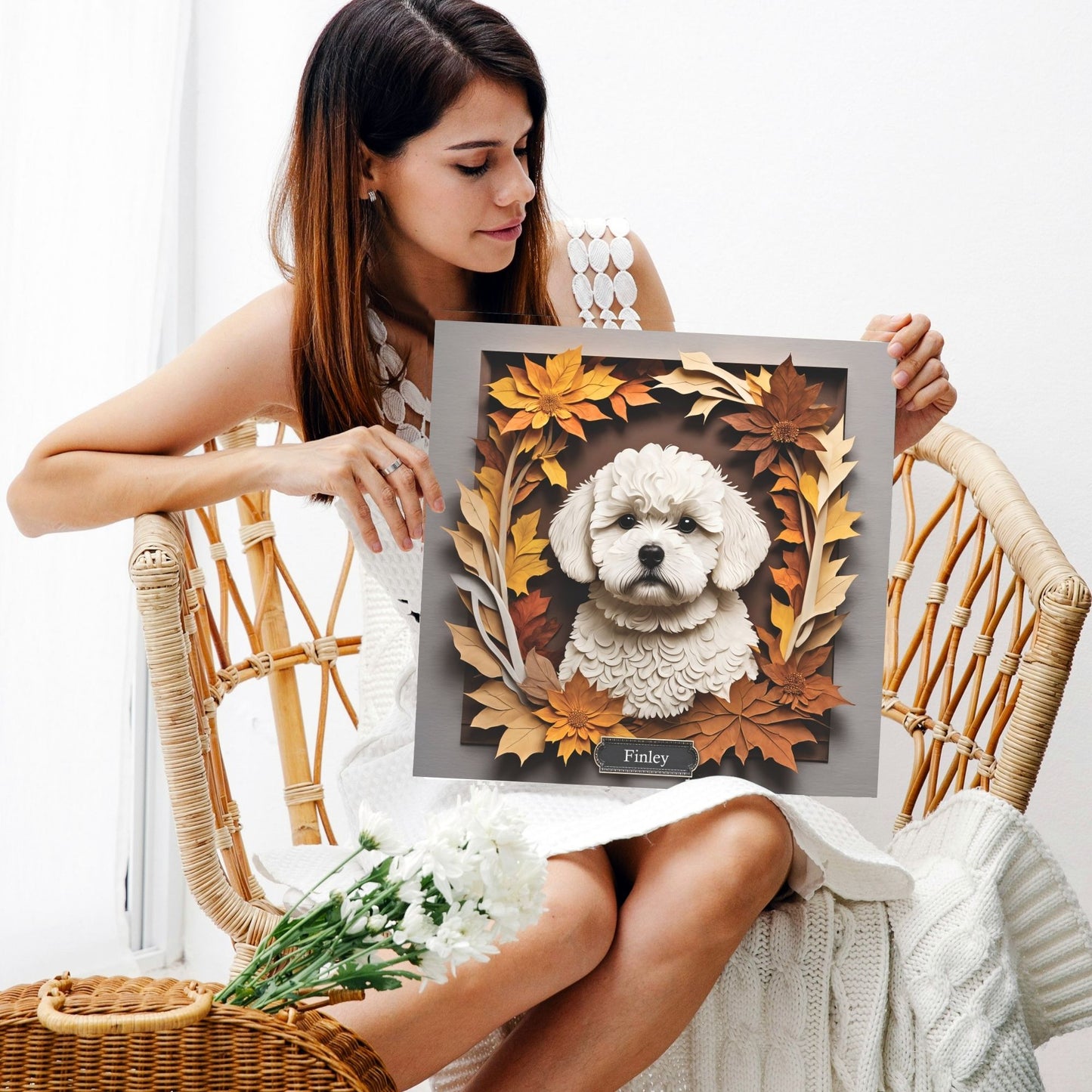 Bichon Frisé in Fall Leaves Canvas Wrap, Name Personalization Dog Portrait, Bichon Frisé Lover Perfect Gift