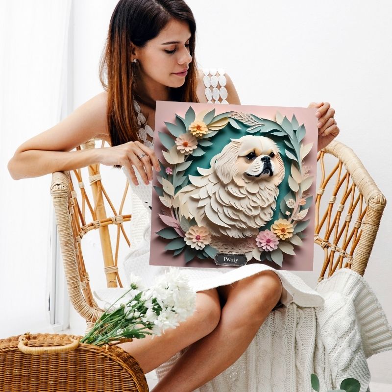 White Pekingese Floral Wall Art -  Pekingese Dog Memorial Gift or Decor