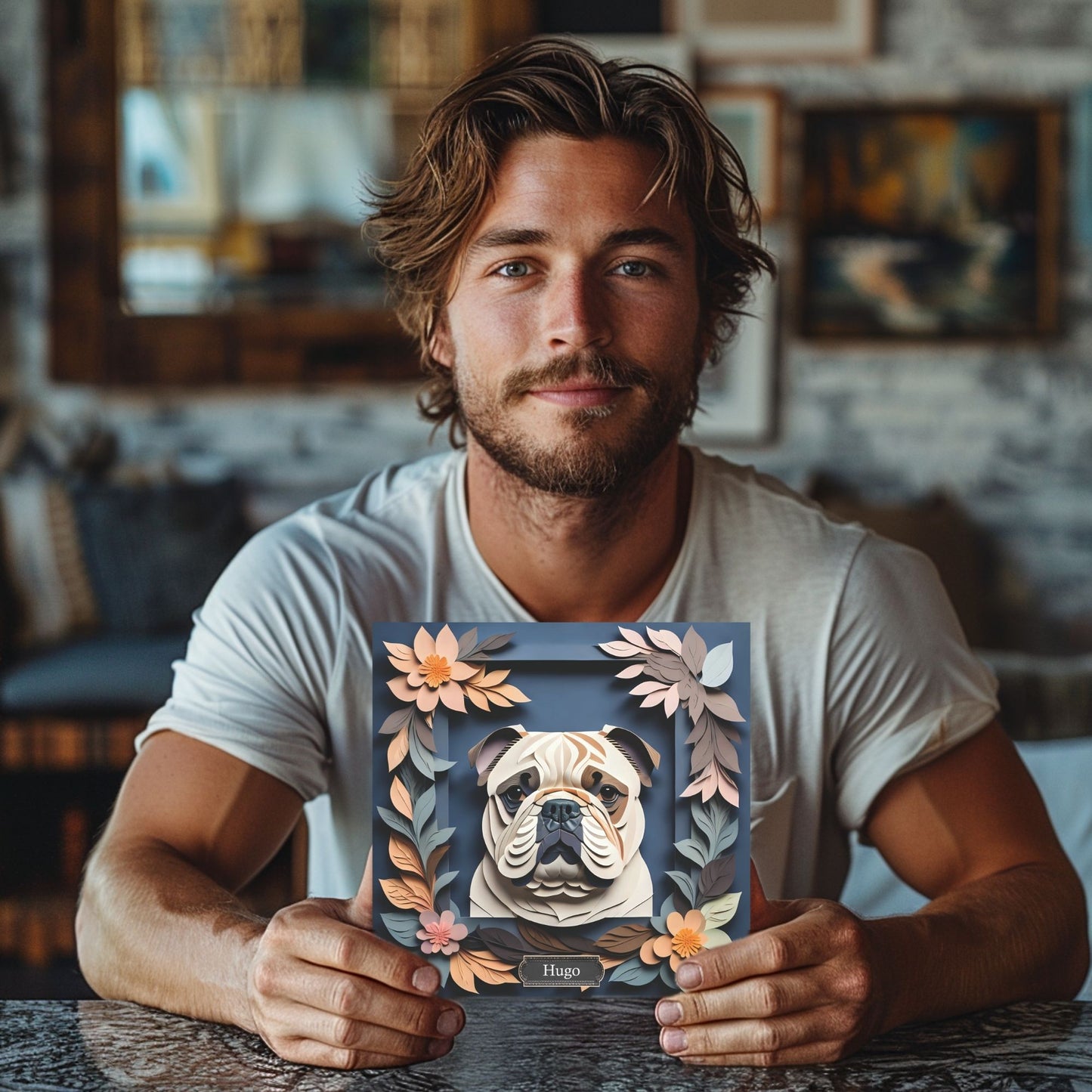 Charming Faux Papercut Bulldog Canvas on Navy Background- 3D Illusion Floral Decor