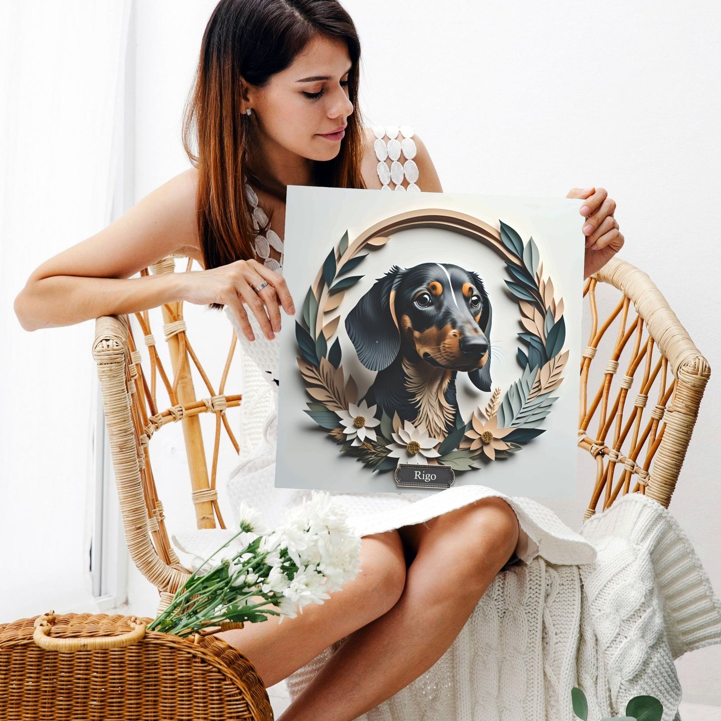 Black Dachshund Leaf Wreath Wall Art - Custom Pet Name Artwork